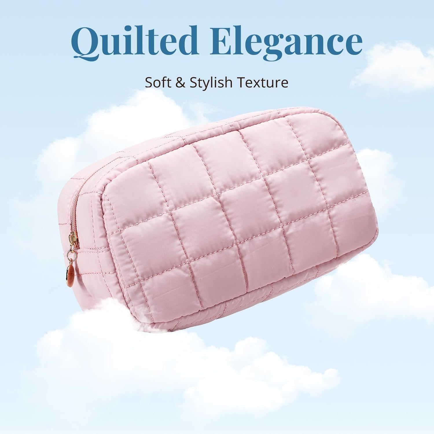 Makeup Bag, Quilted Puffy Travel Toiletry Bag with Compartments, Wide-Open Cosmetic Bag for Women, Pouch Purse Organizer, Pink - Image 2