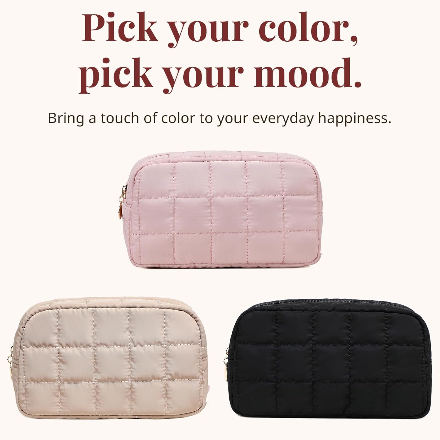 Makeup Bag, Quilted Puffy Travel Toiletry Bag with Compartments, Wide-Open Cosmetic Bag for Women, Pouch Purse Organizer, Pink - Image 3