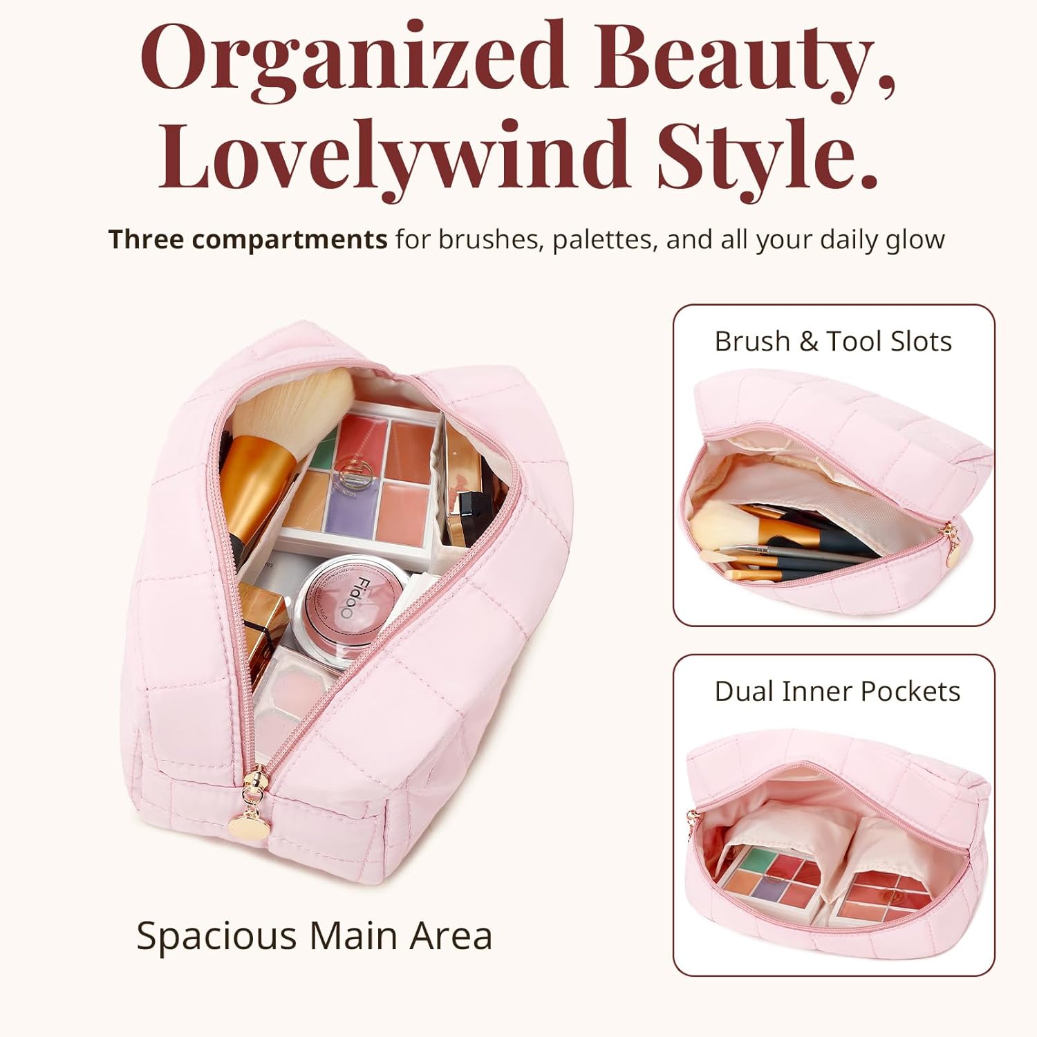 Makeup Bag, Quilted Puffy Travel Toiletry Bag with Compartments, Wide-Open Cosmetic Bag for Women, Pouch Purse Organizer, Pink - Image 4