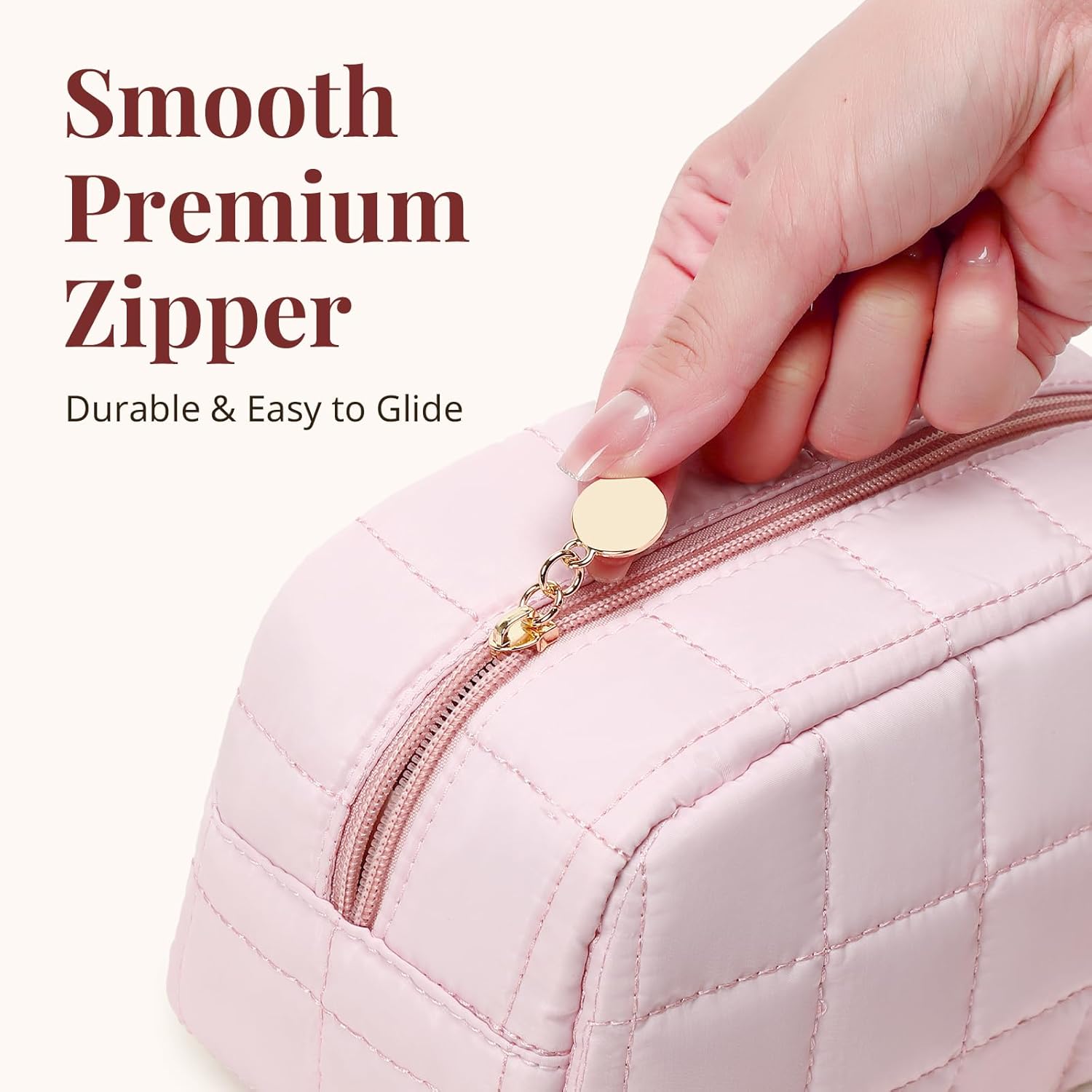 Makeup Bag, Quilted Puffy Travel Toiletry Bag with Compartments, Wide-Open Cosmetic Bag for Women, Pouch Purse Organizer, Pink - Image 6
