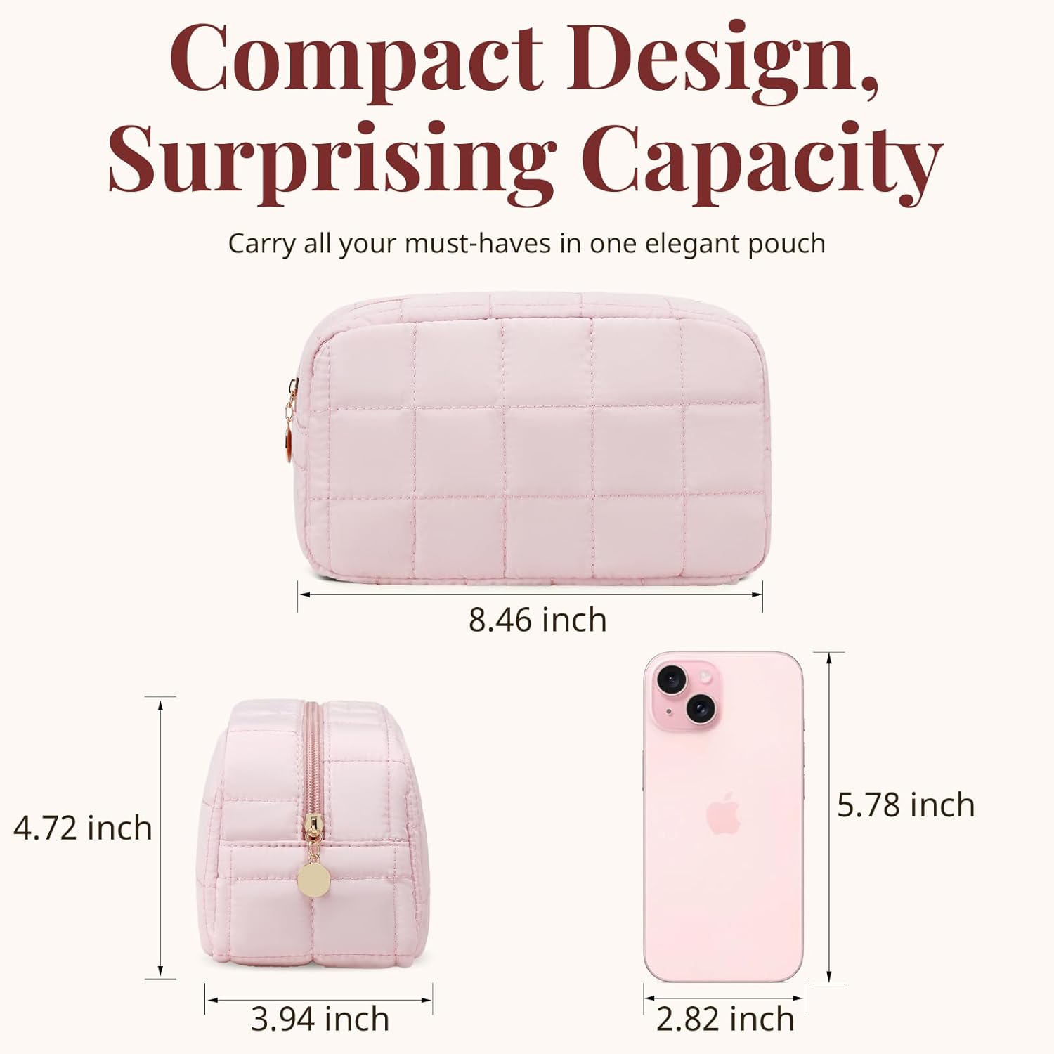 Makeup Bag, Quilted Puffy Travel Toiletry Bag with Compartments, Wide-Open Cosmetic Bag for Women, Pouch Purse Organizer, Pink - Image 8