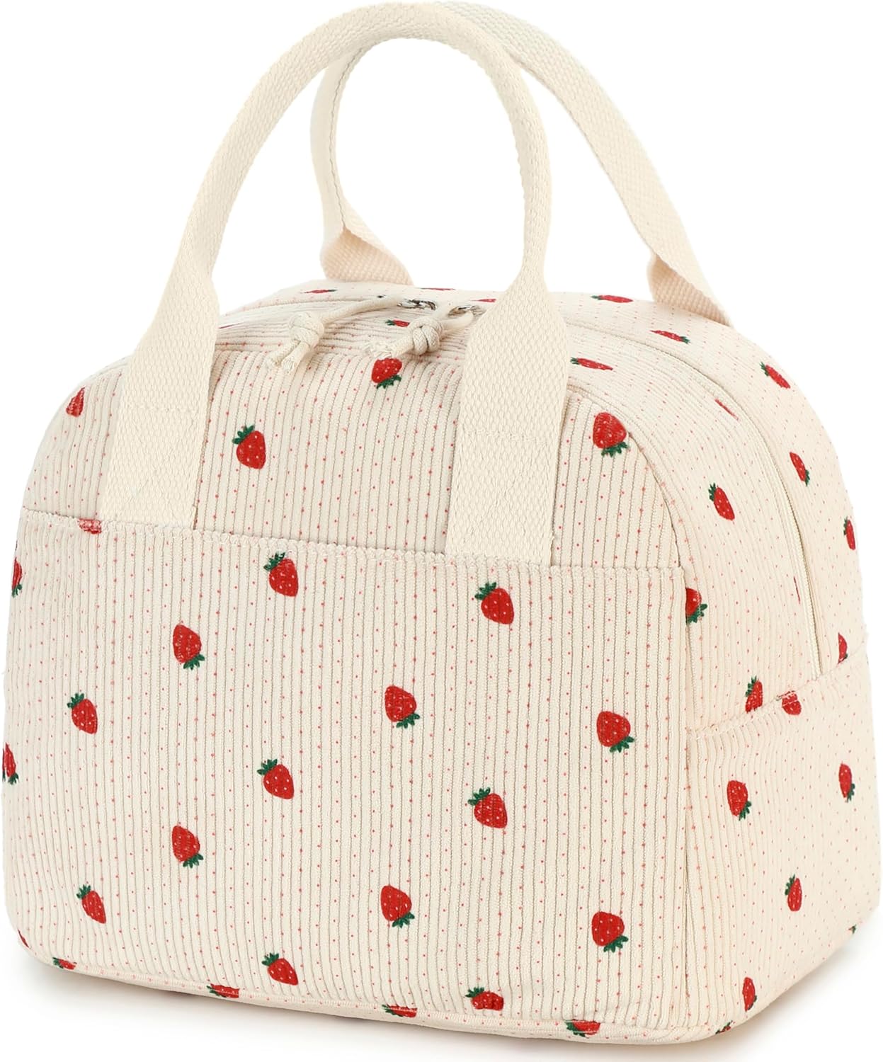 Insulated Straerry Lunch Bag for Women, Stylish Corduroy Tote with Aluminum Lining, Large Capacity Reusable Cooler for Work, Travel, Beach or Picnic, Beige Cream Water-Resistant Lunch Box - Image 1