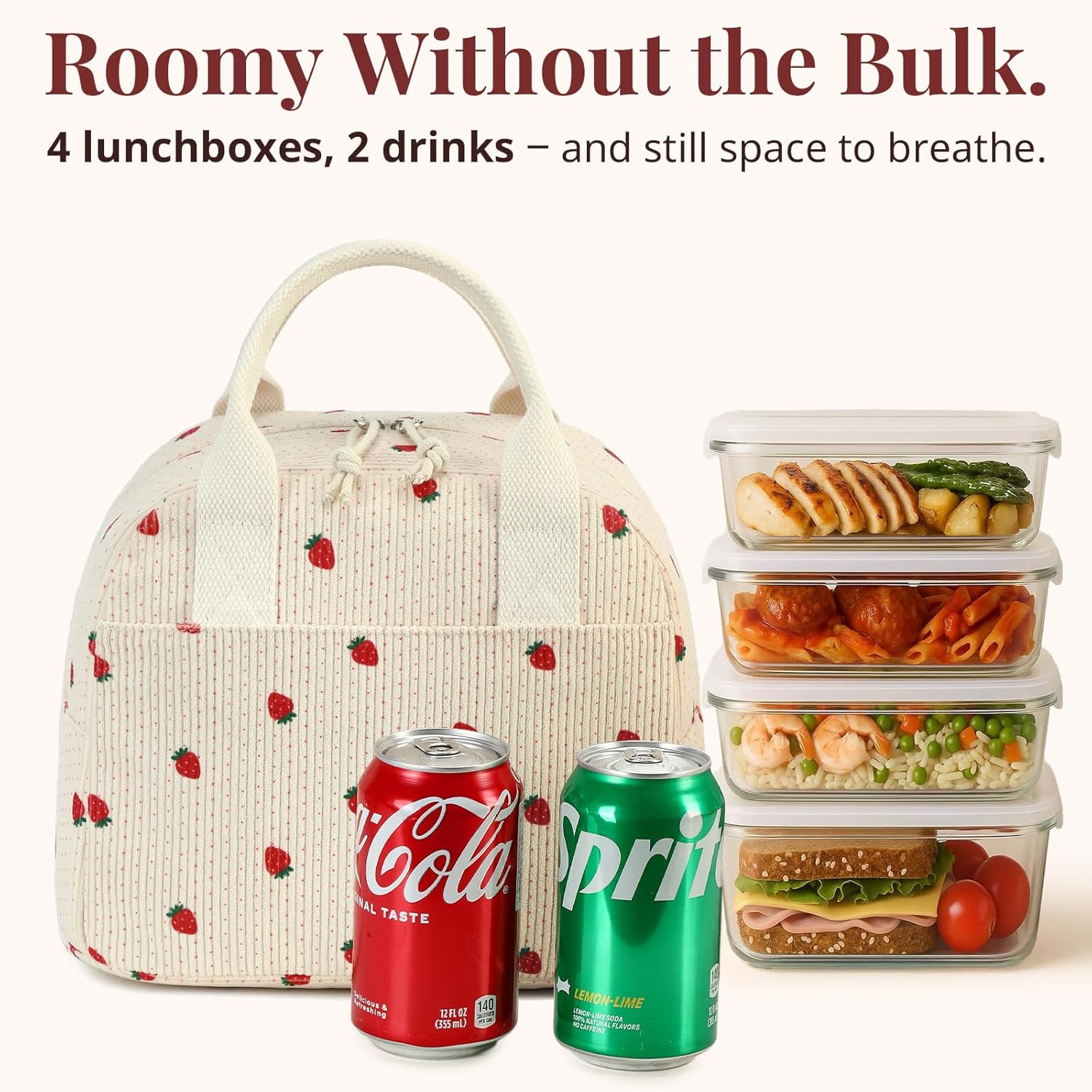 Insulated Straerry Lunch Bag for Women, Stylish Corduroy Tote with Aluminum Lining, Large Capacity Reusable Cooler for Work, Travel, Beach or Picnic, Beige Cream Water-Resistant Lunch Box - Image 2