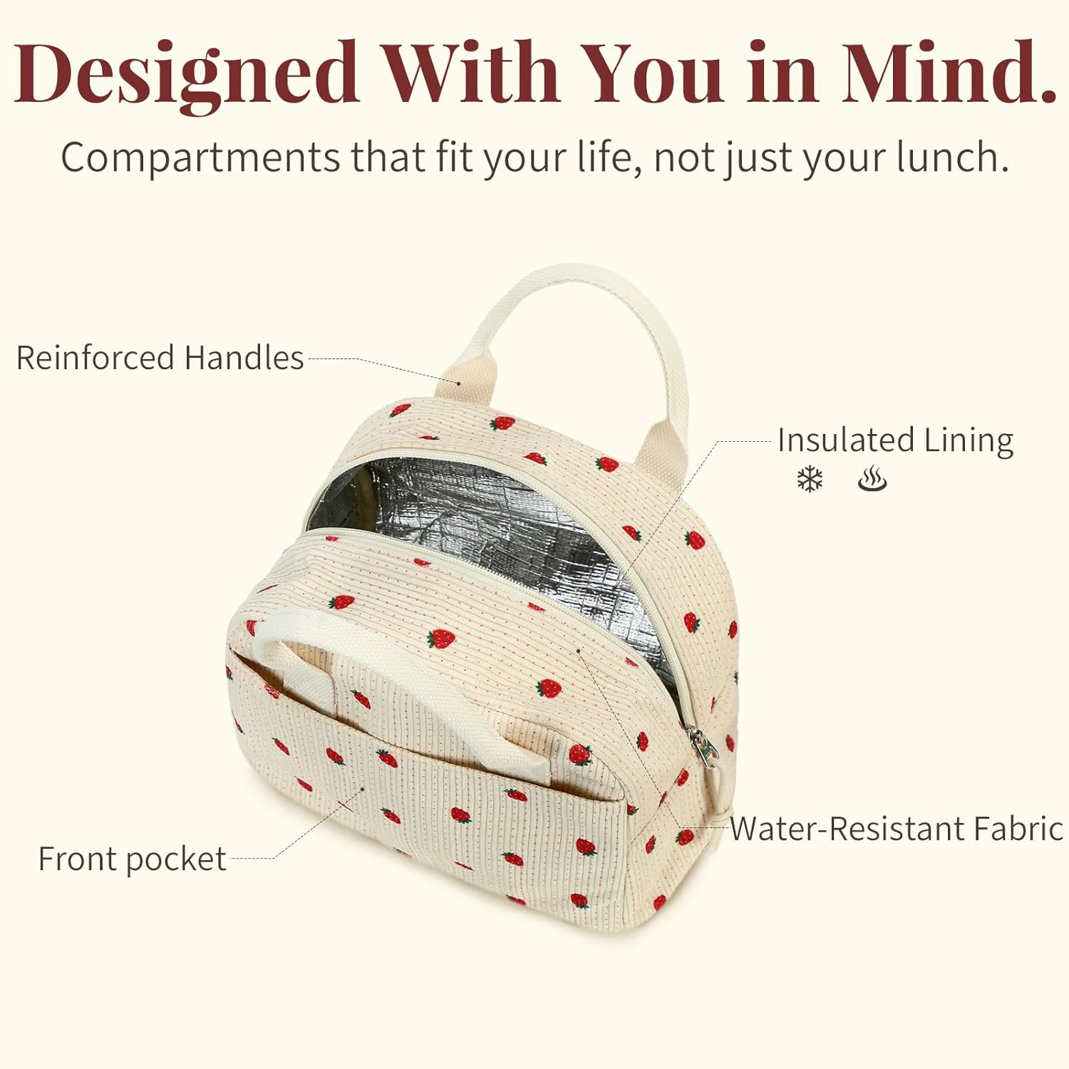 Insulated Straerry Lunch Bag for Women, Stylish Corduroy Tote with Aluminum Lining, Large Capacity Reusable Cooler for Work, Travel, Beach or Picnic, Beige Cream Water-Resistant Lunch Box - Image 4