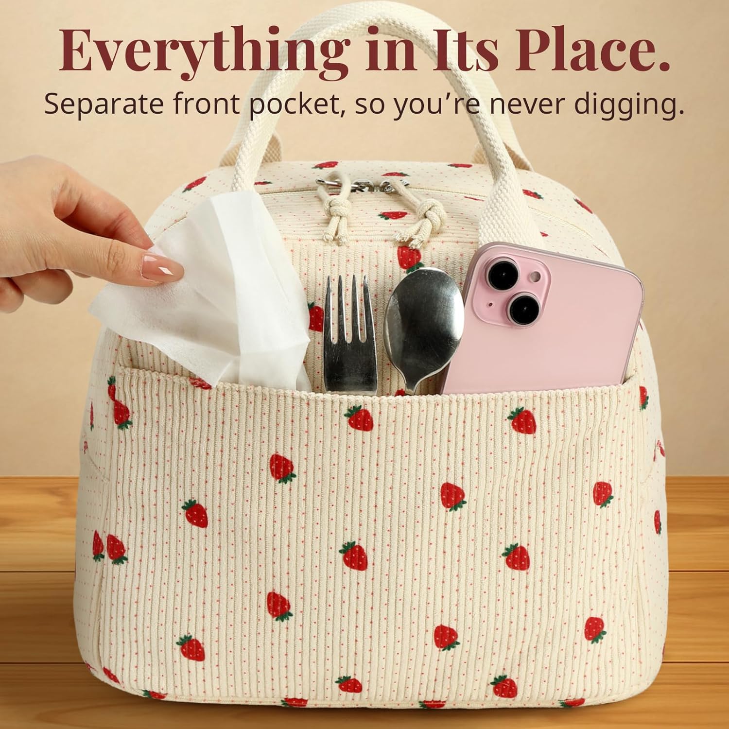 Insulated Straerry Lunch Bag for Women, Stylish Corduroy Tote with Aluminum Lining, Large Capacity Reusable Cooler for Work, Travel, Beach or Picnic, Beige Cream Water-Resistant Lunch Box - Image 5