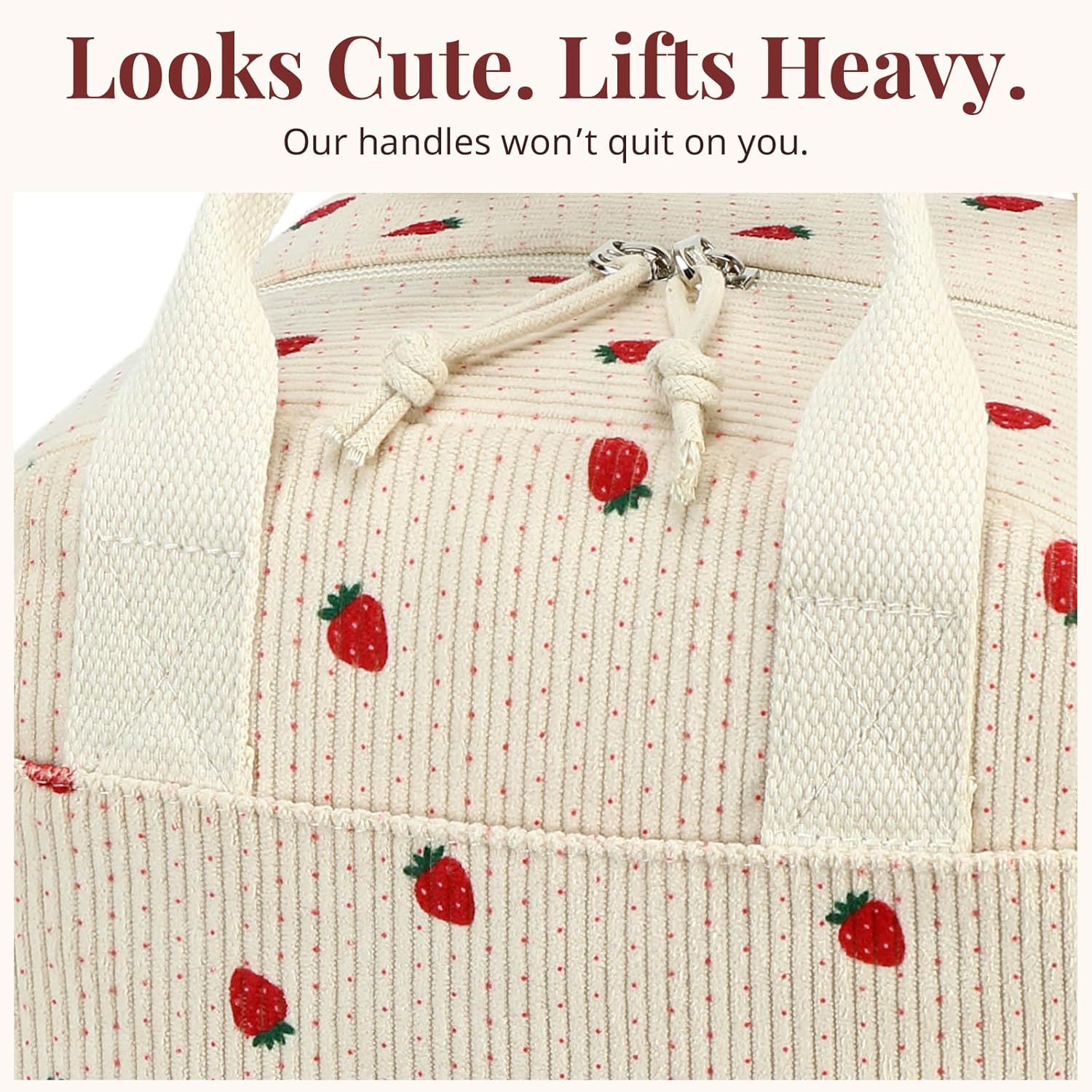 Insulated Straerry Lunch Bag for Women, Stylish Corduroy Tote with Aluminum Lining, Large Capacity Reusable Cooler for Work, Travel, Beach or Picnic, Beige Cream Water-Resistant Lunch Box - Image 6