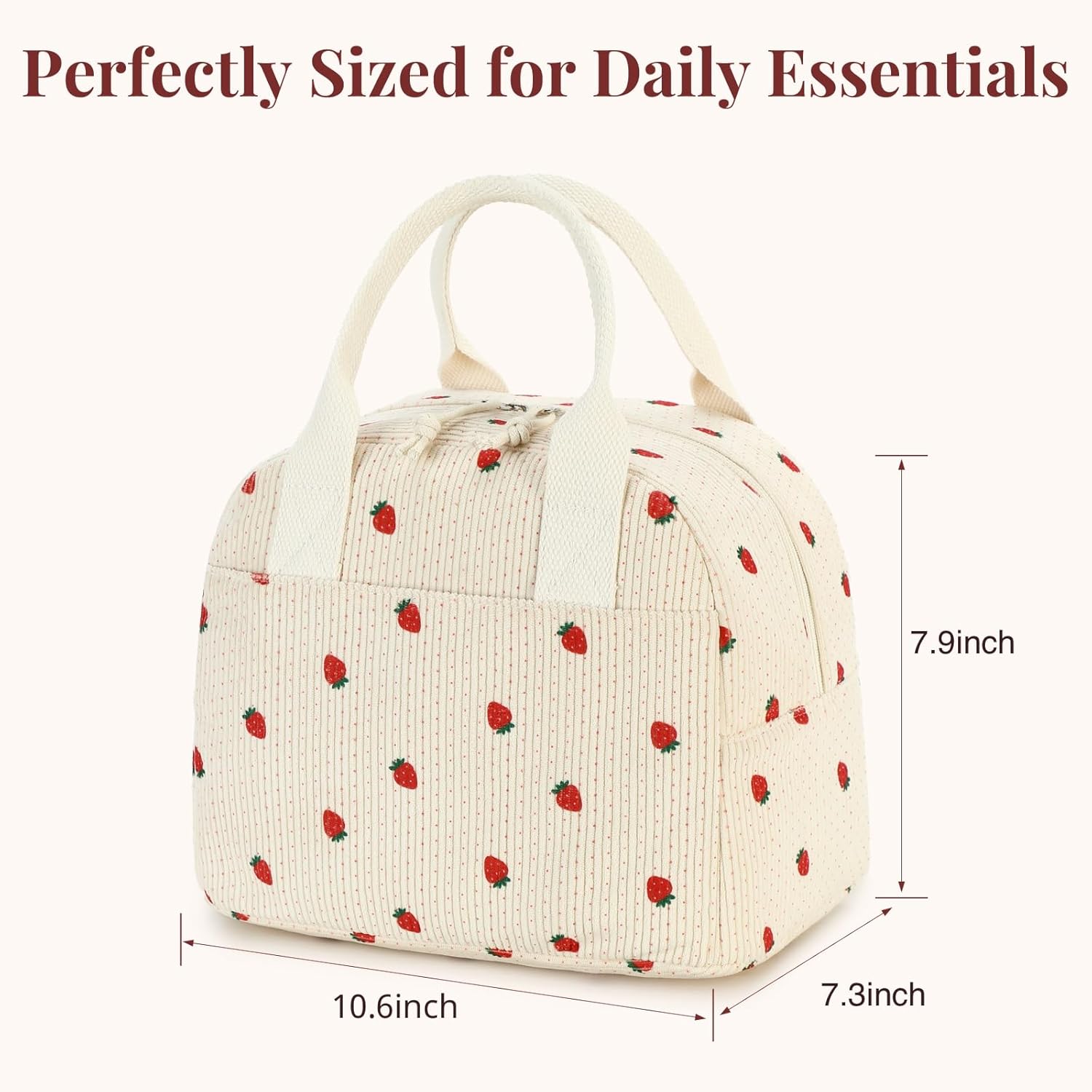 Insulated Straerry Lunch Bag for Women, Stylish Corduroy Tote with Aluminum Lining, Large Capacity Reusable Cooler for Work, Travel, Beach or Picnic, Beige Cream Water-Resistant Lunch Box - Image 8