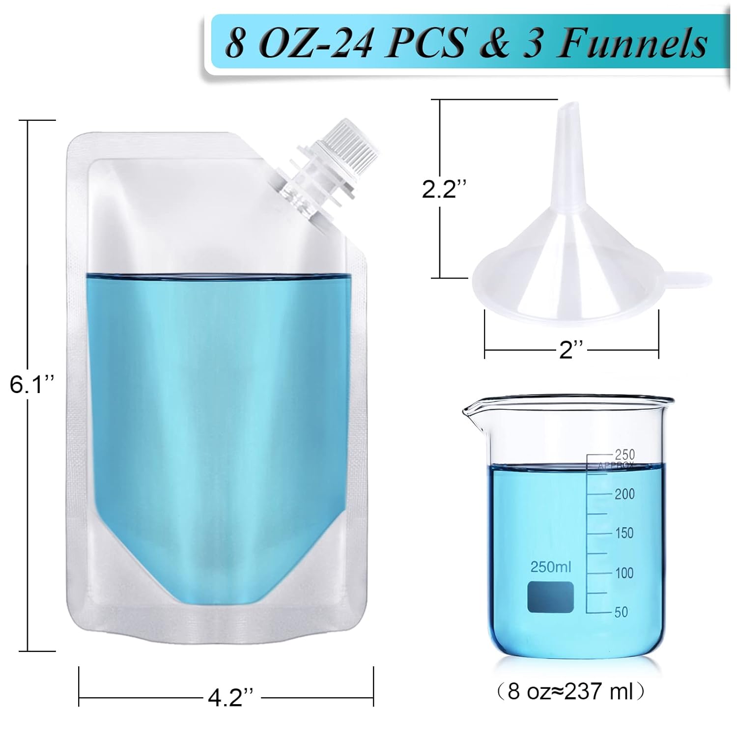 24 Pcs Plastic Flasks, 8 Oz Concealable and Reusable Drink Pouches, Leak-Proof Food Grade Plastic for Travel (8OZ-24PCS +3 Funnels) - Image 2