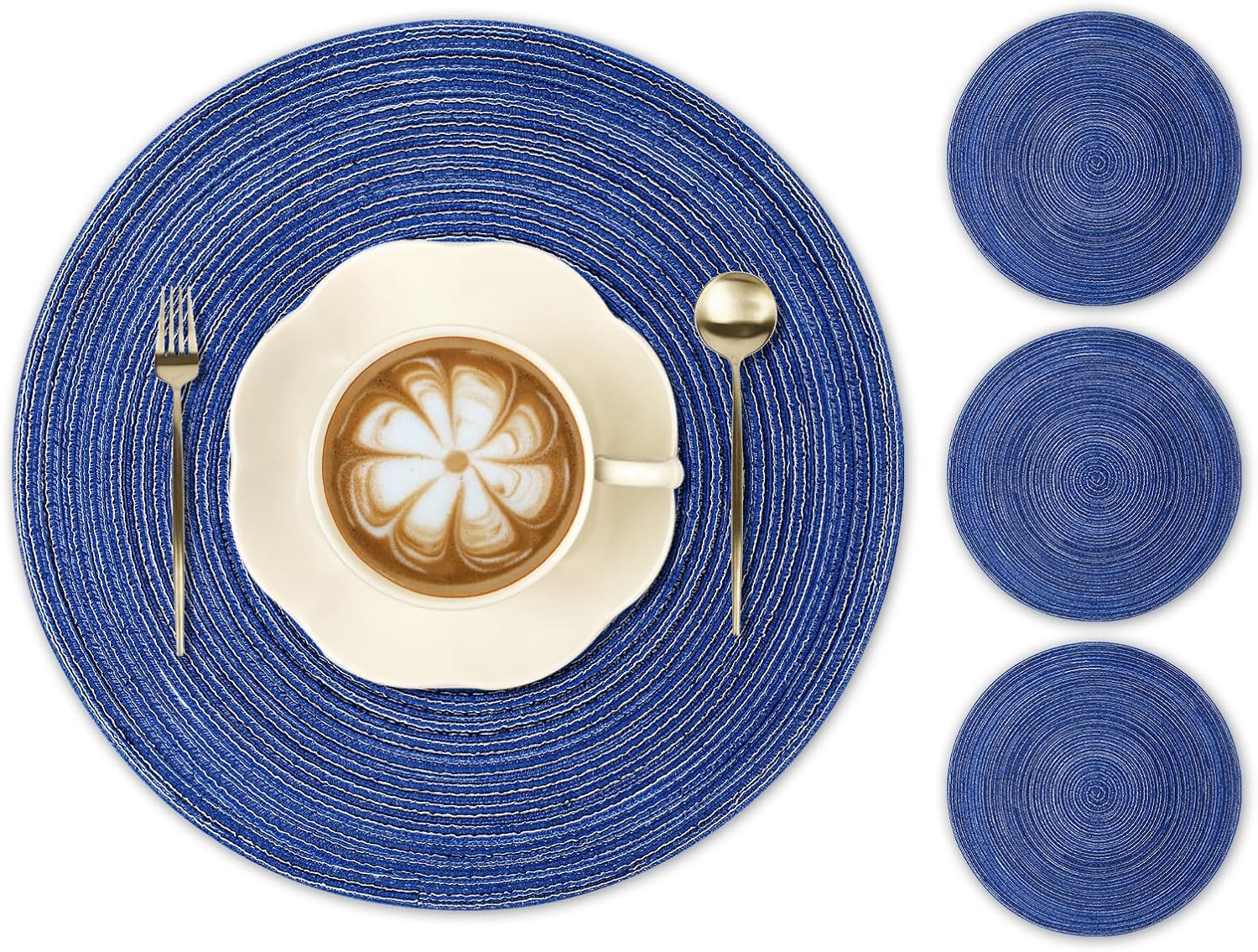 Round Braided Placemats 15inch, Placemats Set of 4 Non-Slip, Round Placemats Heat Resistant, Woven Placemats for Kitchen Dining Tables-Dark Blue Color - Image 1