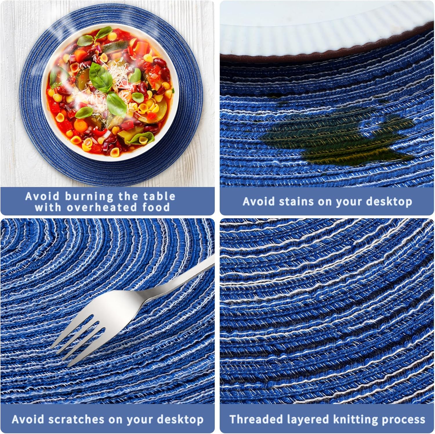 Round Braided Placemats 15inch, Placemats Set of 4 Non-Slip, Round Placemats Heat Resistant, Woven Placemats for Kitchen Dining Tables-Dark Blue Color - Image 3