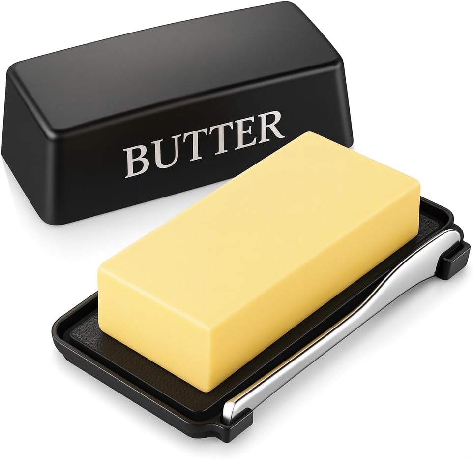 Butter Dish With Cover And Knife,Food Grade Plastic Butter Holder With Lid For Countertop,Black Dishwasher Safe Butter Storage Container - Image 1
