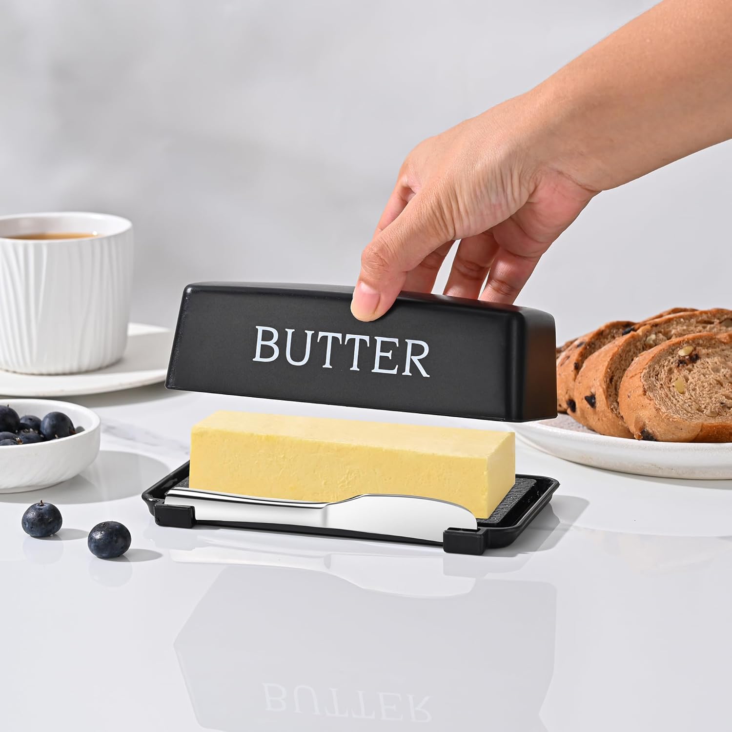 Butter Dish With Cover And Knife,Food Grade Plastic Butter Holder With Lid For Countertop,Black Dishwasher Safe Butter Storage Container - Image 4