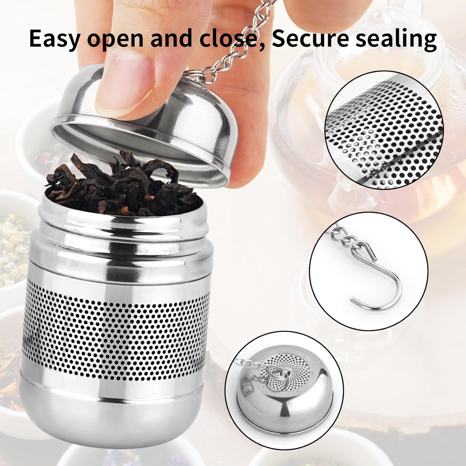 2PCS Tea Infuser Strainer - Stainless Steel Strainers for Loose Leaf Tea, Steeper, Fine Mesh Ball holder with Chain Hook and Lid, Reusable Filter Bags Diffusers - Image 4