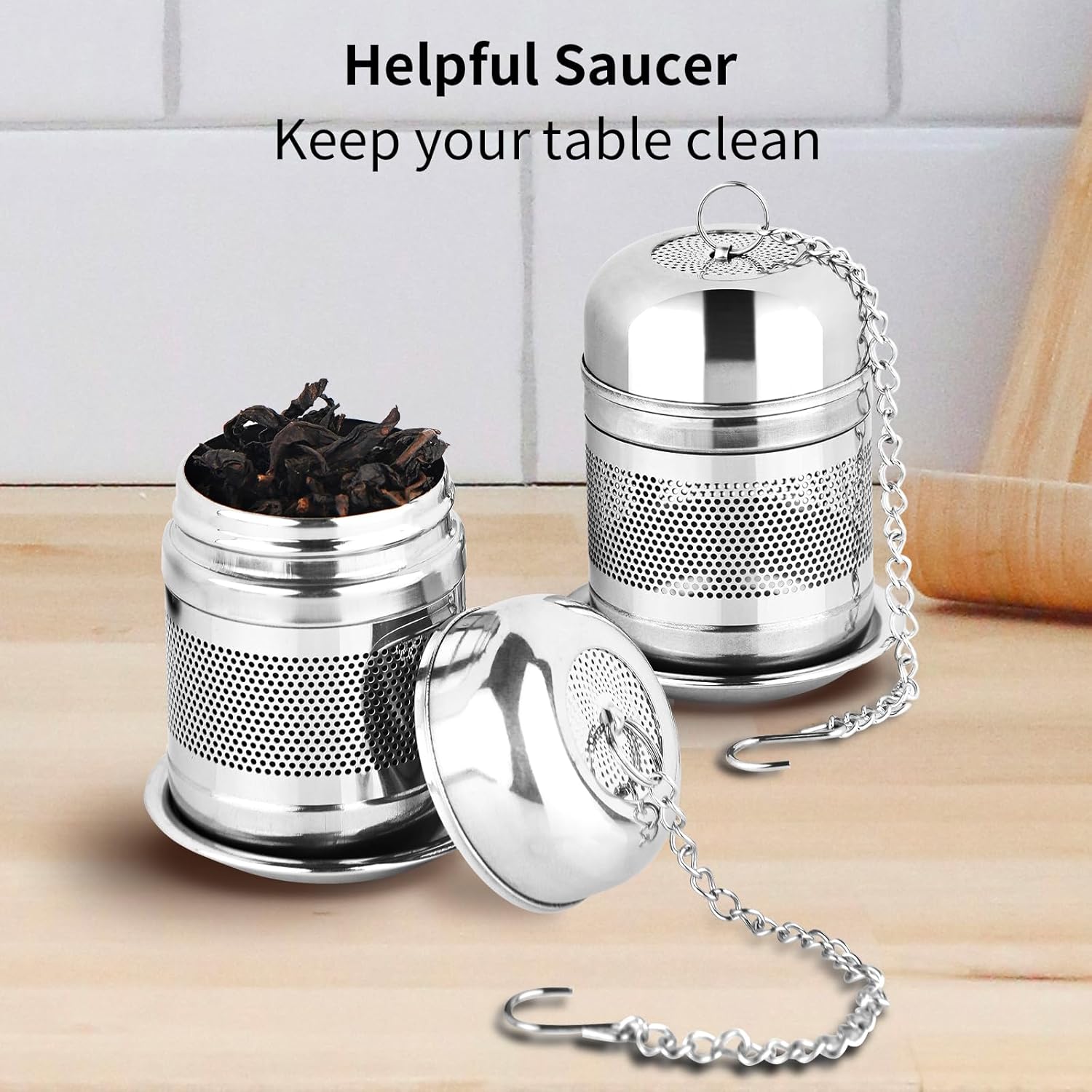 2PCS Tea Infuser Strainer - Stainless Steel Strainers for Loose Leaf Tea, Steeper, Fine Mesh Ball holder with Chain Hook and Lid, Reusable Filter Bags Diffusers - Image 6
