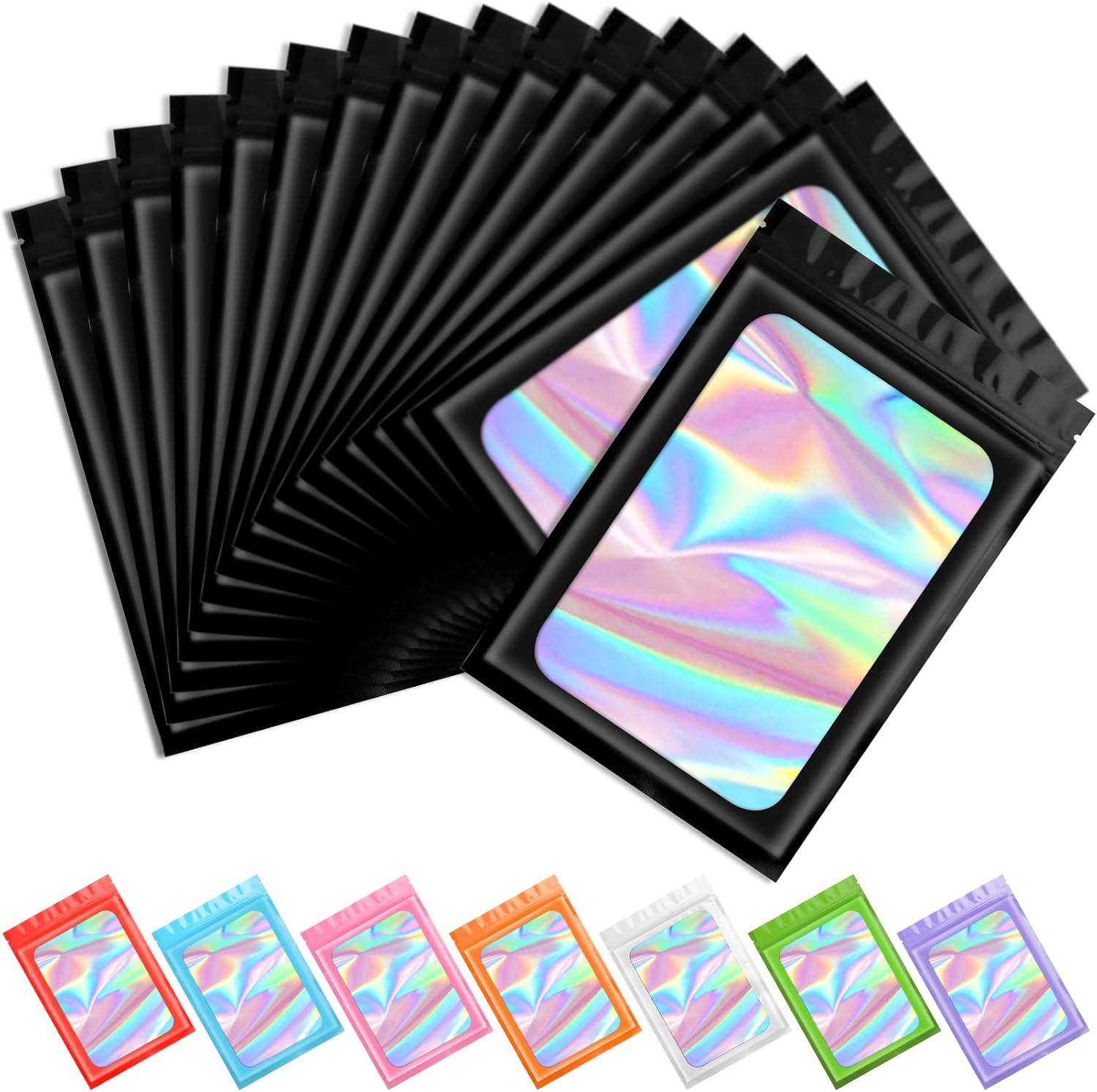 100 pcs Black Mylar Holographic Bags Packaging Bags,Clear Resealable Bag Foil Pouch Bag for Food Storage and Lipgloss,Jewelry,Eyelash Packaging for Small Business(2.4x3.9Inch) - Image 1