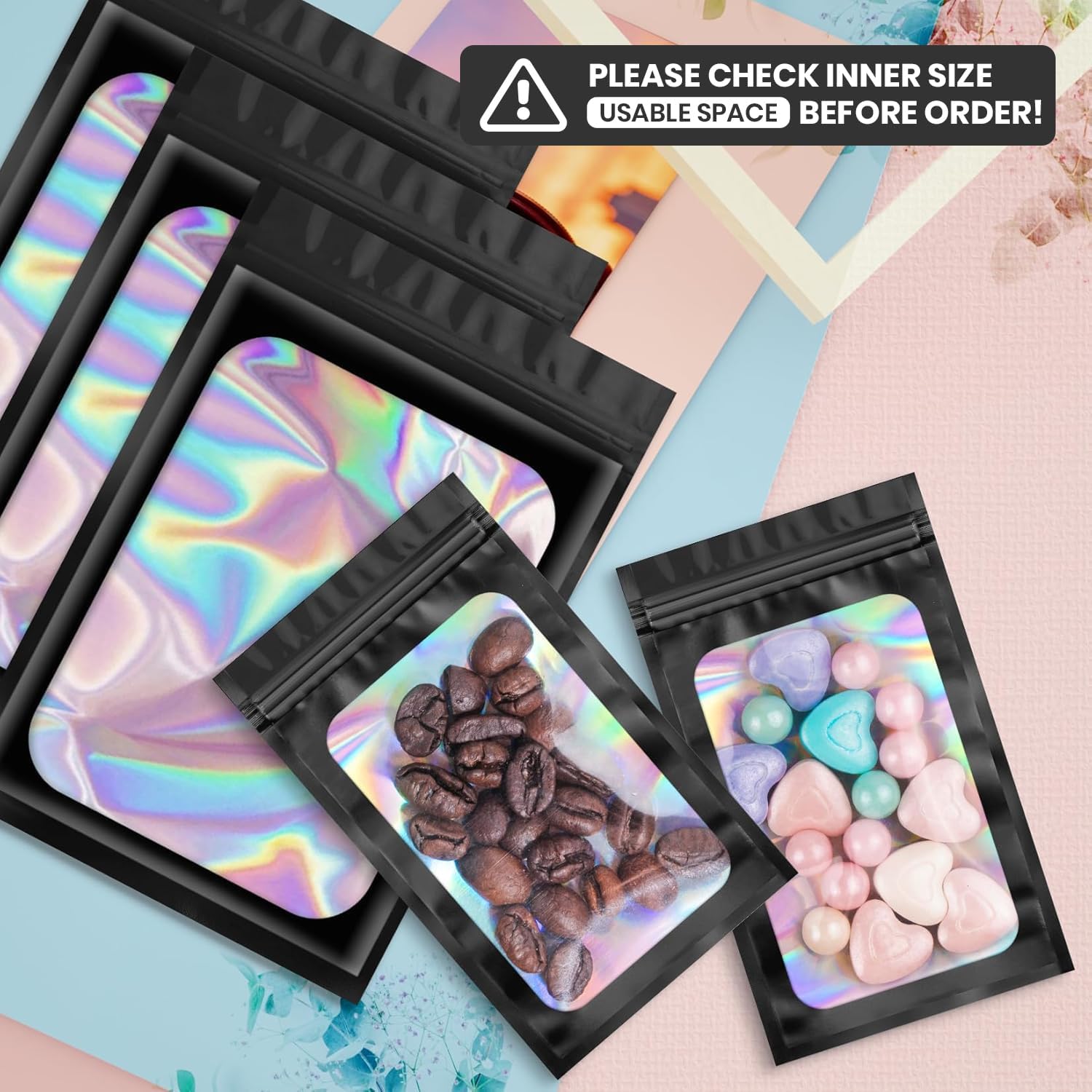 100 pcs Black Mylar Holographic Bags Packaging Bags,Clear Resealable Bag Foil Pouch Bag for Food Storage and Lipgloss,Jewelry,Eyelash Packaging for Small Business(2.4x3.9Inch) - Image 2