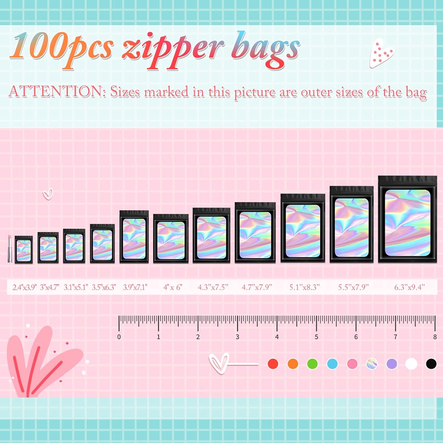 100 pcs Black Mylar Holographic Bags Packaging Bags,Clear Resealable Bag Foil Pouch Bag for Food Storage and Lipgloss,Jewelry,Eyelash Packaging for Small Business(2.4x3.9Inch) - Image 4