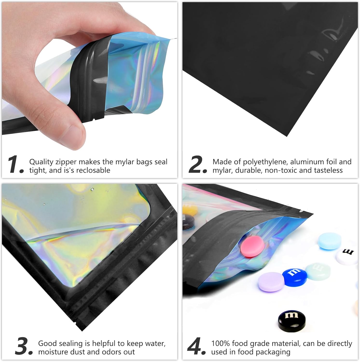 100 pcs Black Mylar Holographic Bags Packaging Bags,Clear Resealable Bag Foil Pouch Bag for Food Storage and Lipgloss,Jewelry,Eyelash Packaging for Small Business(2.4x3.9Inch) - Image 6