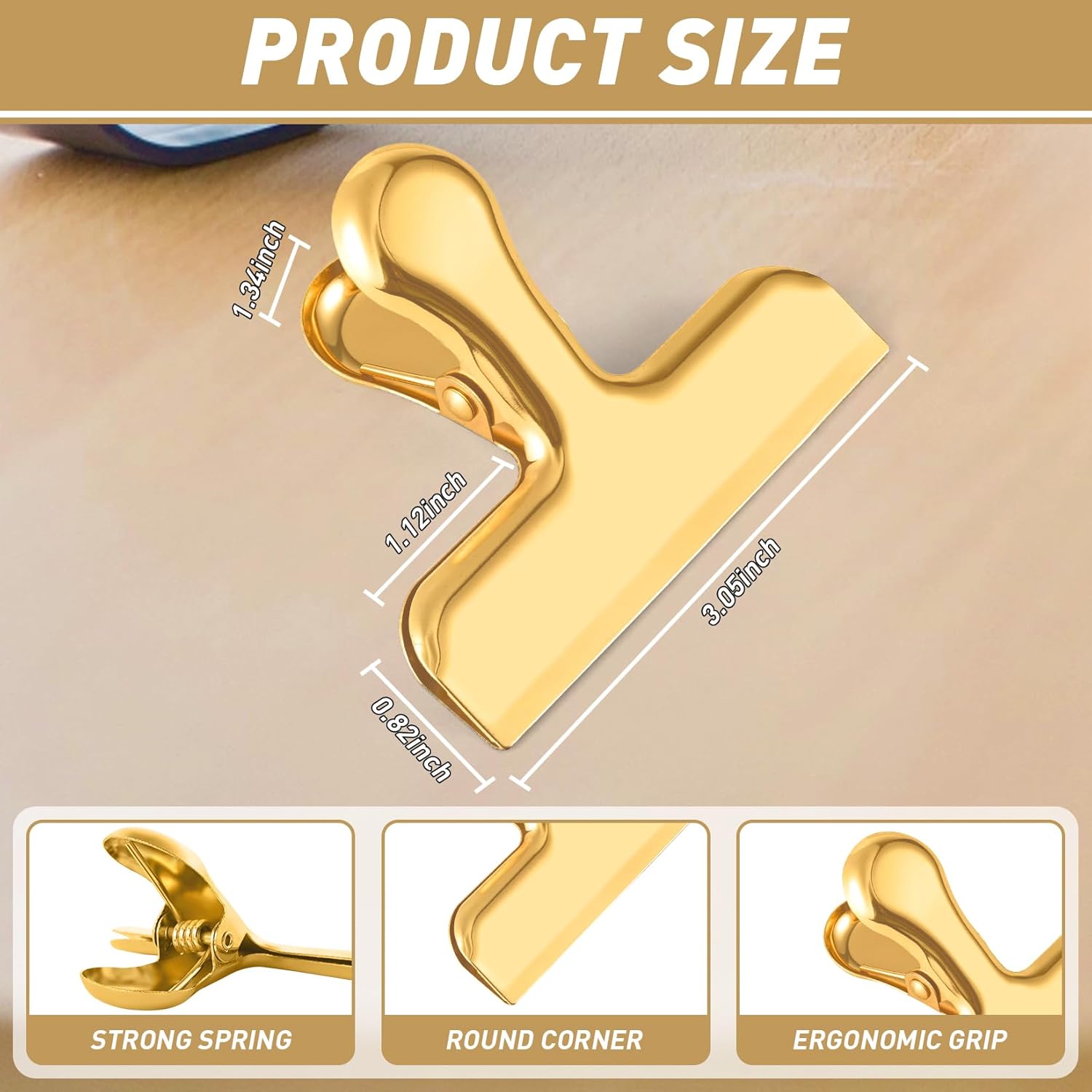Chip Clips Bag Clips Gold Stainless Steel Clip for Food Storage,Air Tight Seal Chip Bag Clip 3 Inch Strong Food Clipp for Snack,Chips,Kitchen Decor,Home&Office Paper Heavy Duty-8 Pack - Image 5