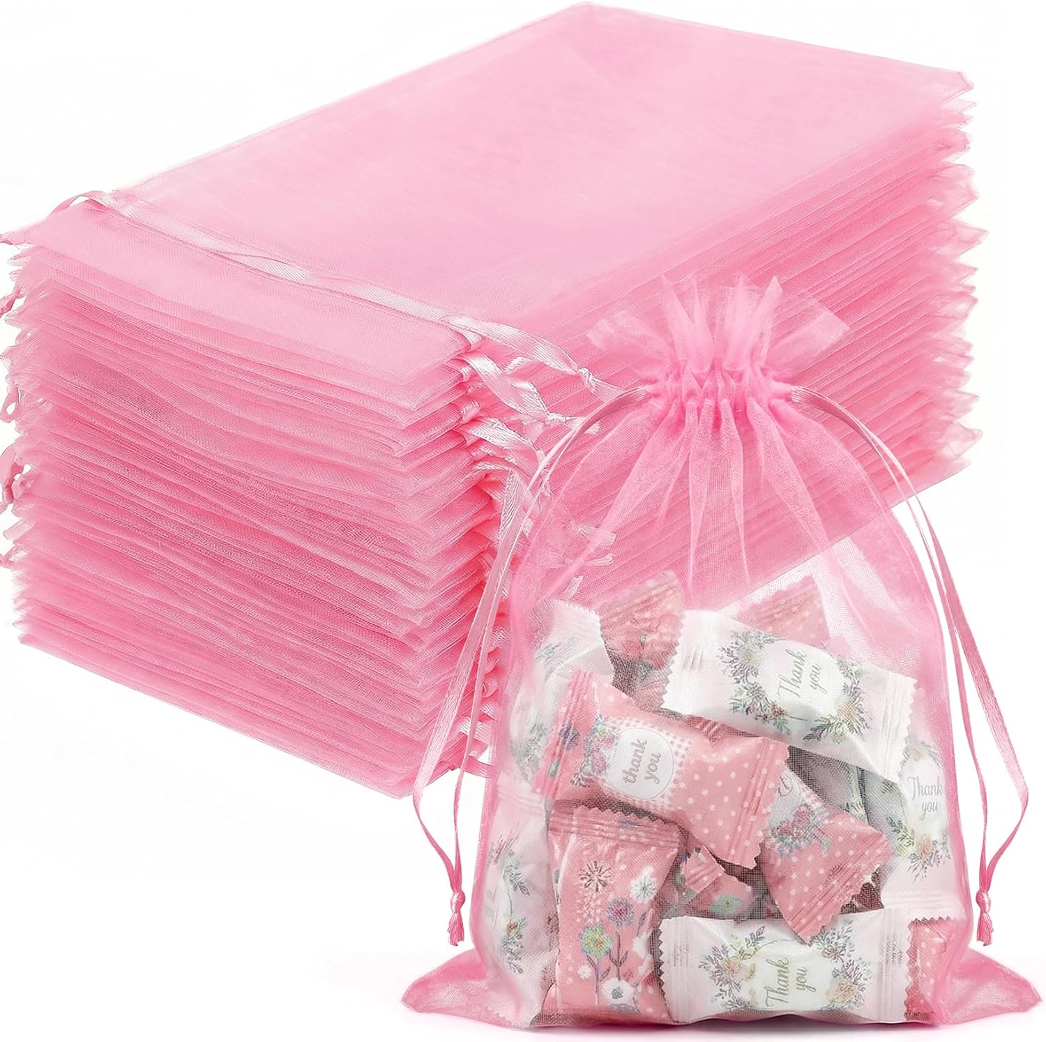 100 Pcs Pink Organza Bags 5x7 in, Small Mesh Drawstring Gift Bags for Sachet, Jewelry, Candy, Wedding Favor, Valentine's Day - Image 1