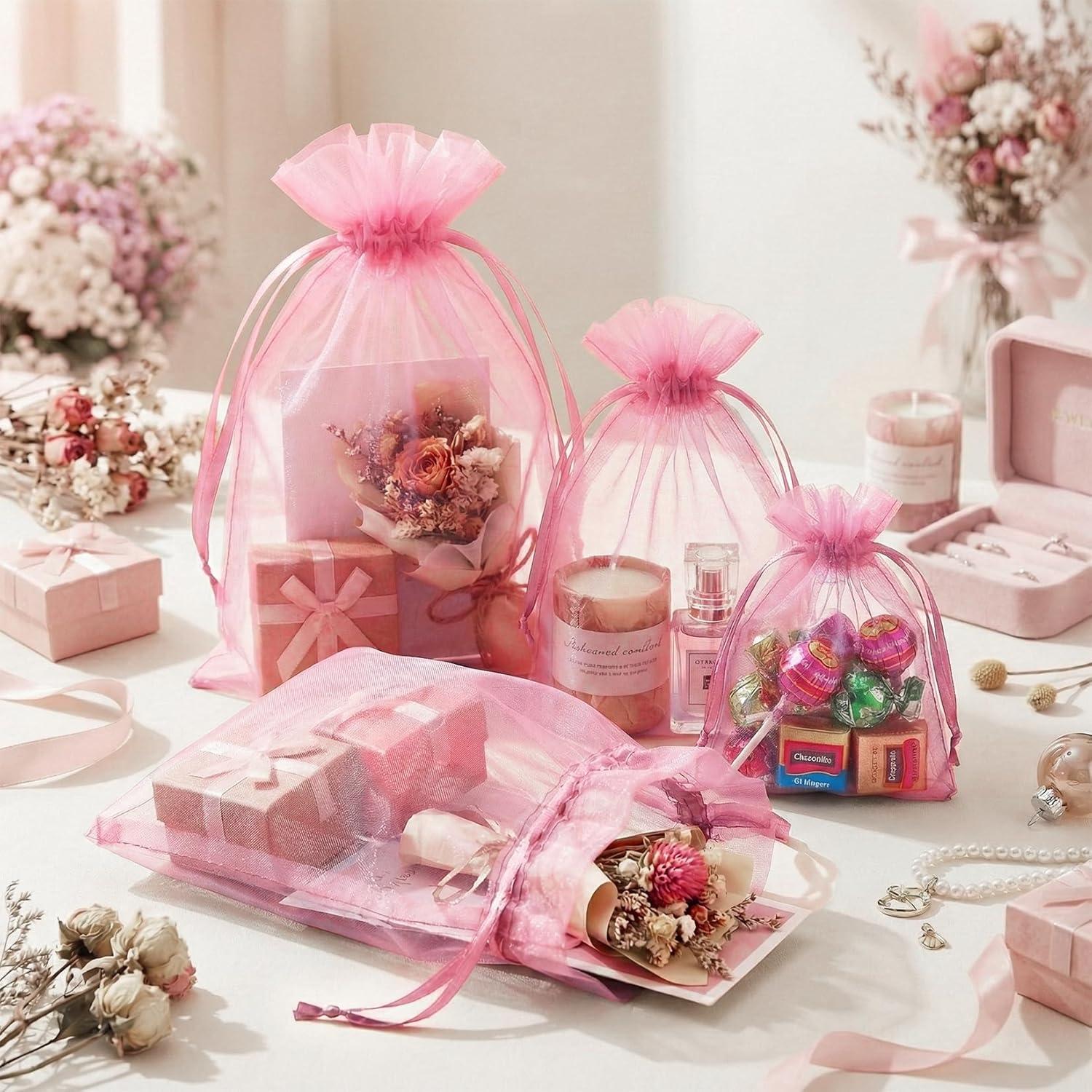 100 Pcs Pink Organza Bags 5x7 in, Small Mesh Drawstring Gift Bags for Sachet, Jewelry, Candy, Wedding Favor, Valentine's Day - Image 3