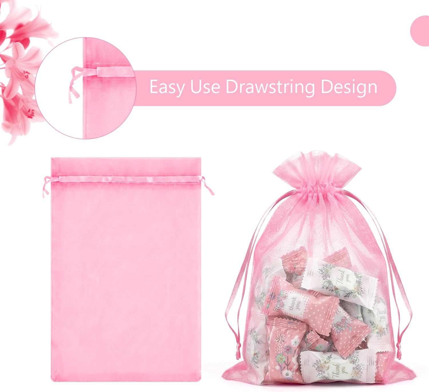100 Pcs Pink Organza Bags 5x7 in, Small Mesh Drawstring Gift Bags for Sachet, Jewelry, Candy, Wedding Favor, Valentine's Day - Image 7