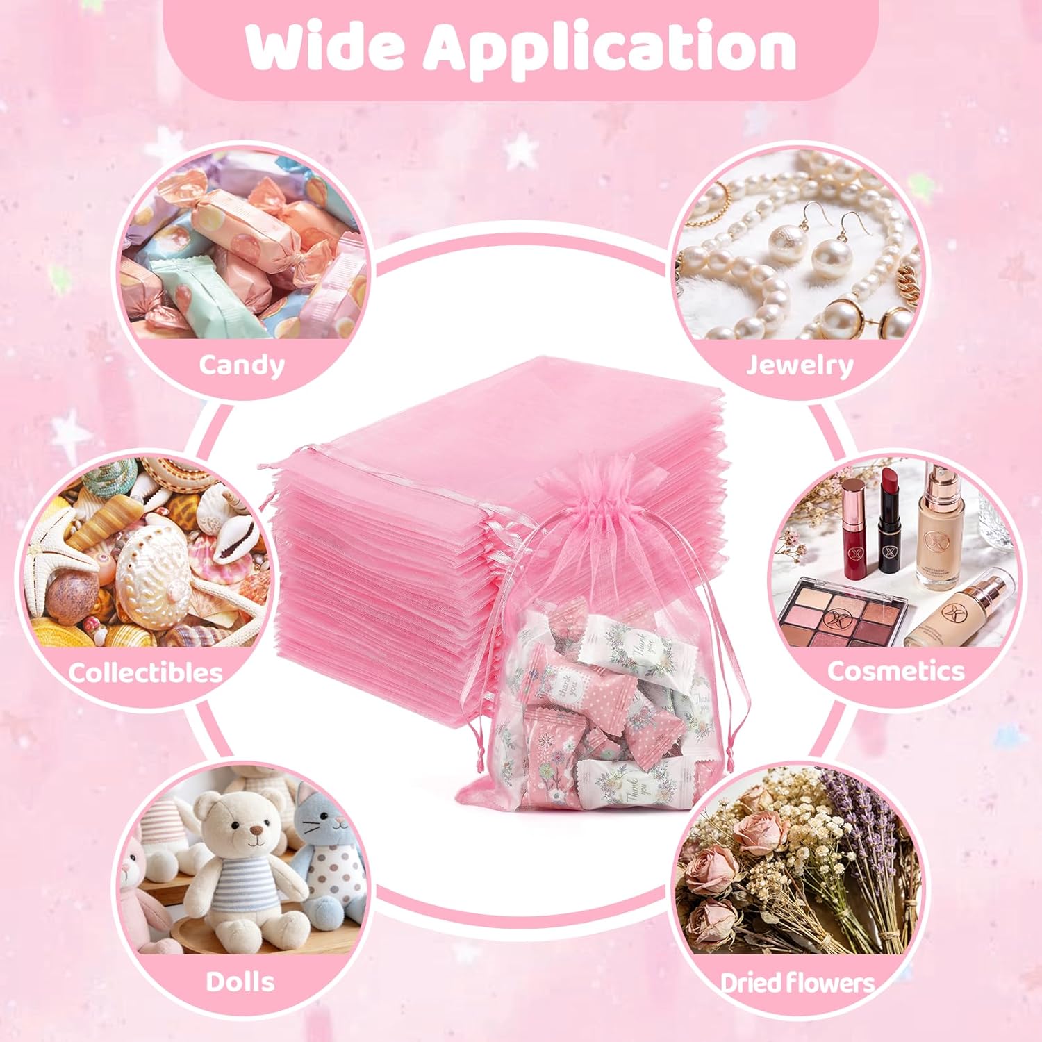 100 Pcs Pink Organza Bags 5x7 in, Small Mesh Drawstring Gift Bags for Sachet, Jewelry, Candy, Wedding Favor, Valentine's Day - Image 8