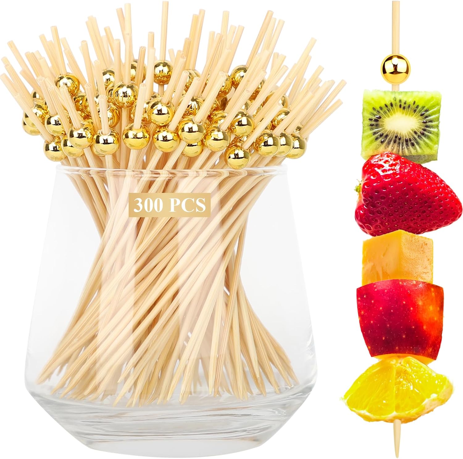 [300PCS] Cocktail Picks, Fancy Toothpicks for Appetizers Drinks Food Fruit, 4.7 IN Long Decorative Bamboo Skewers, Gold Pearl Wooden Garnish Sticks for Charcuterie Boards Accessories Party Supplies - Image 1