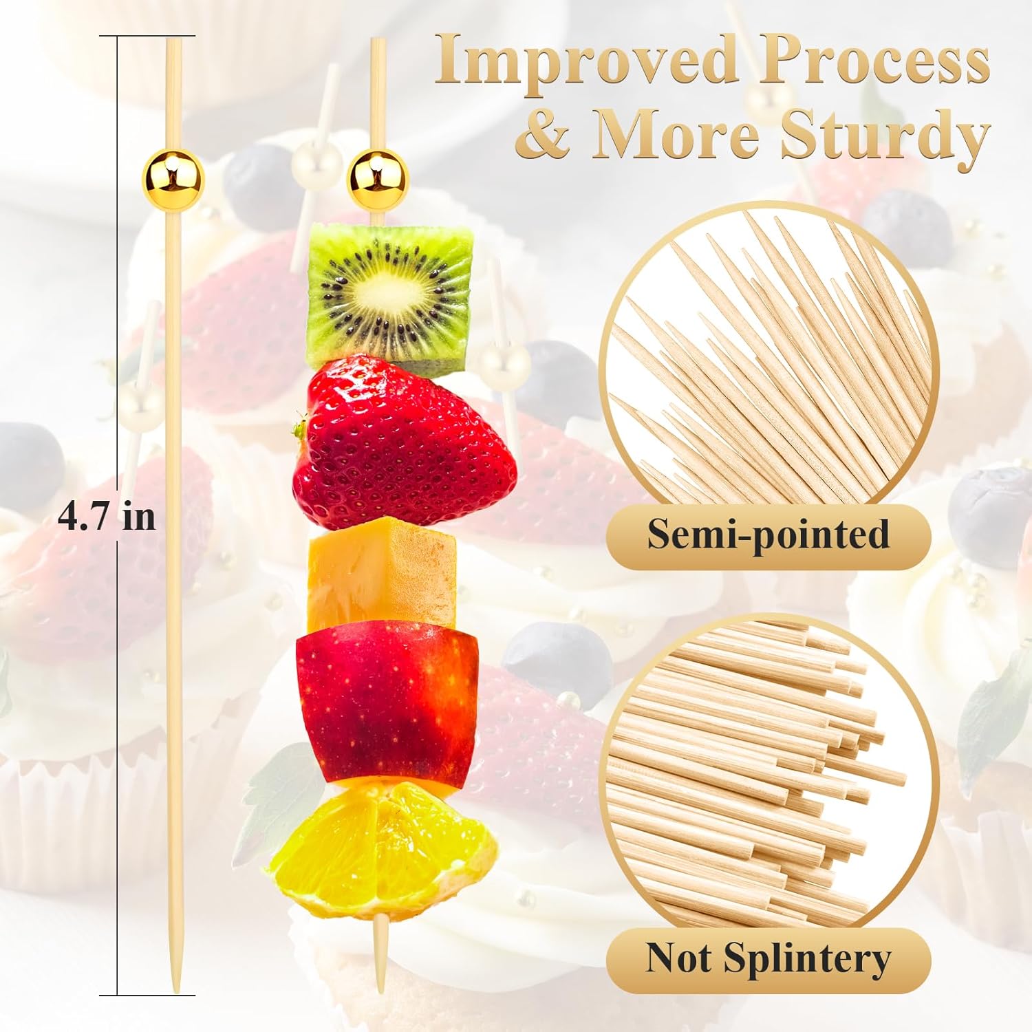 [300PCS] Cocktail Picks, Fancy Toothpicks for Appetizers Drinks Food Fruit, 4.7 IN Long Decorative Bamboo Skewers, Gold Pearl Wooden Garnish Sticks for Charcuterie Boards Accessories Party Supplies - Image 2