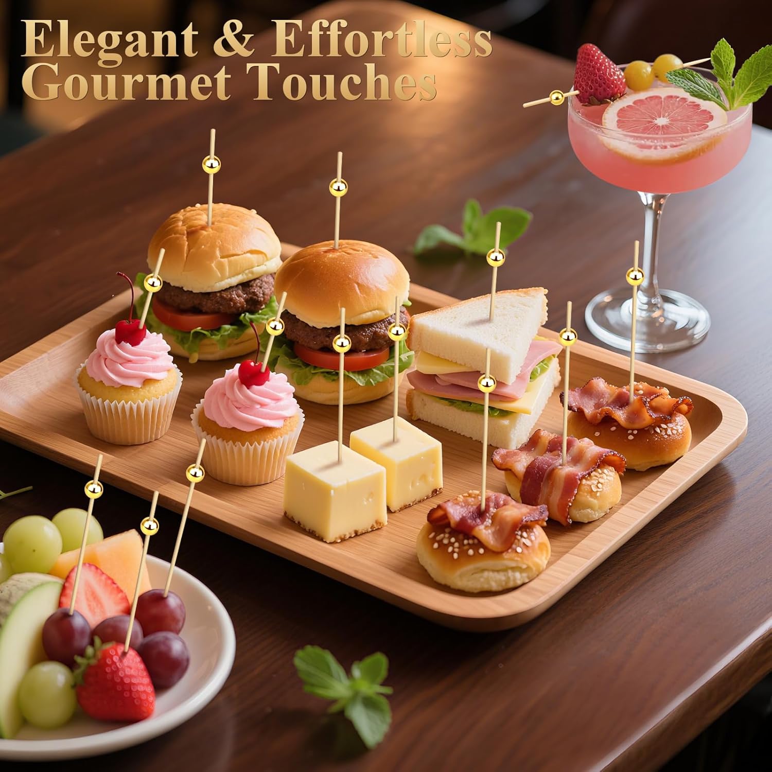 [300PCS] Cocktail Picks, Fancy Toothpicks for Appetizers Drinks Food Fruit, 4.7 IN Long Decorative Bamboo Skewers, Gold Pearl Wooden Garnish Sticks for Charcuterie Boards Accessories Party Supplies - Image 4