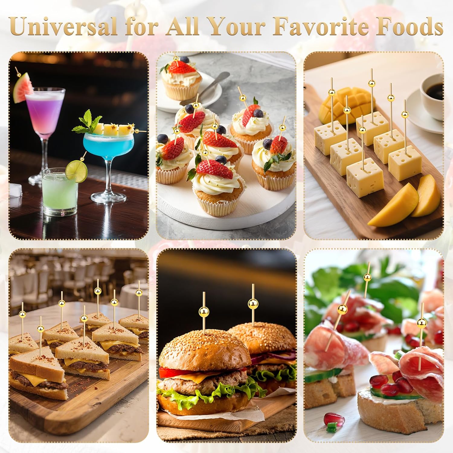 [300PCS] Cocktail Picks, Fancy Toothpicks for Appetizers Drinks Food Fruit, 4.7 IN Long Decorative Bamboo Skewers, Gold Pearl Wooden Garnish Sticks for Charcuterie Boards Accessories Party Supplies - Image 6