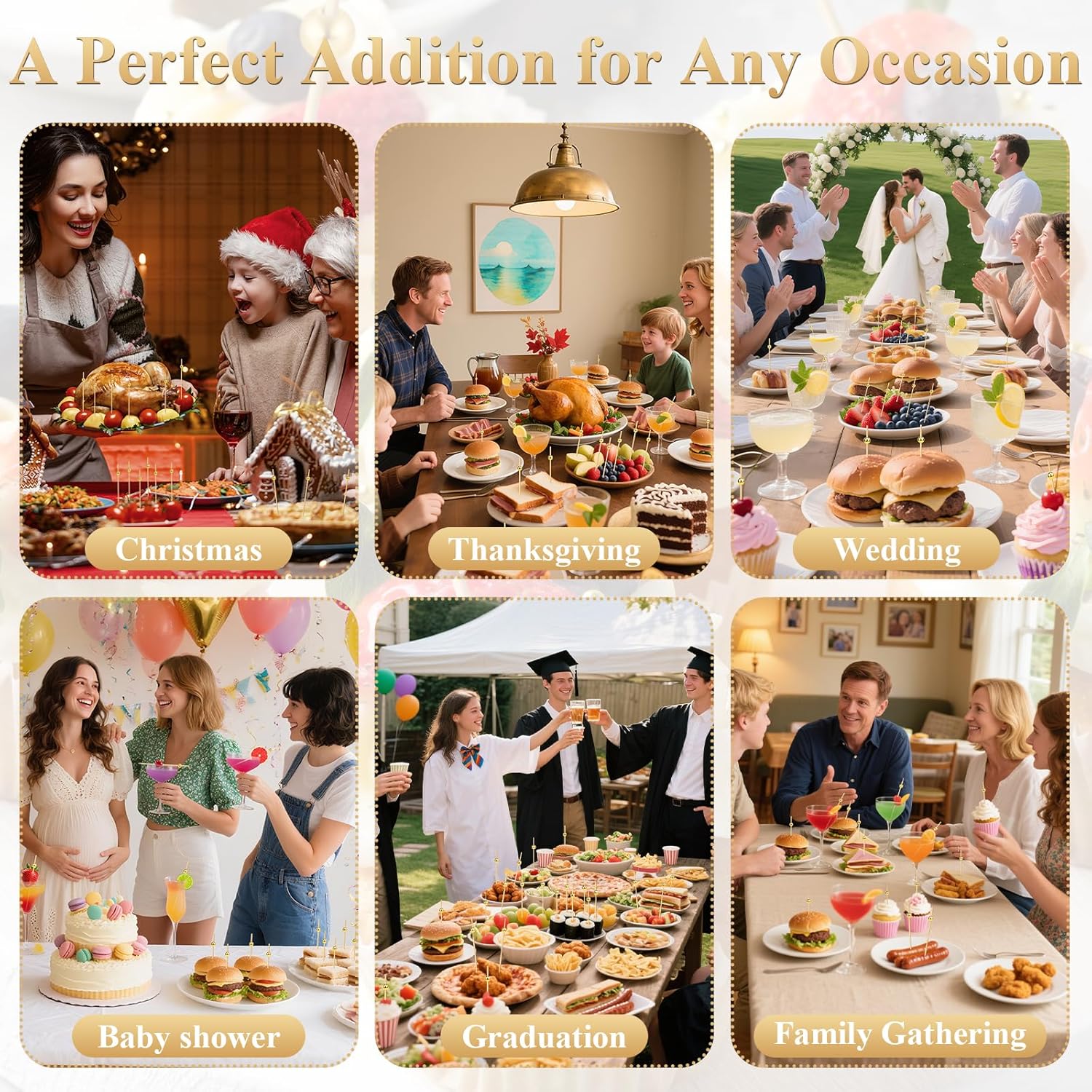 [300PCS] Cocktail Picks, Fancy Toothpicks for Appetizers Drinks Food Fruit, 4.7 IN Long Decorative Bamboo Skewers, Gold Pearl Wooden Garnish Sticks for Charcuterie Boards Accessories Party Supplies - Image 7