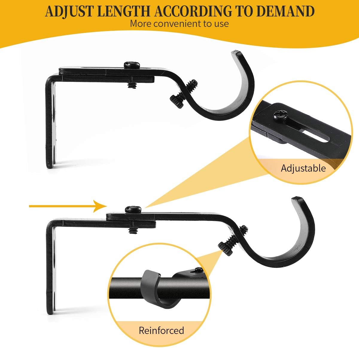 Heavy Duty Adjustable Curtain Rod Brackets and Holders - For 1 1/8 Inch & 1 1/4 Inch Rod, 2 PCS Black - Image 3