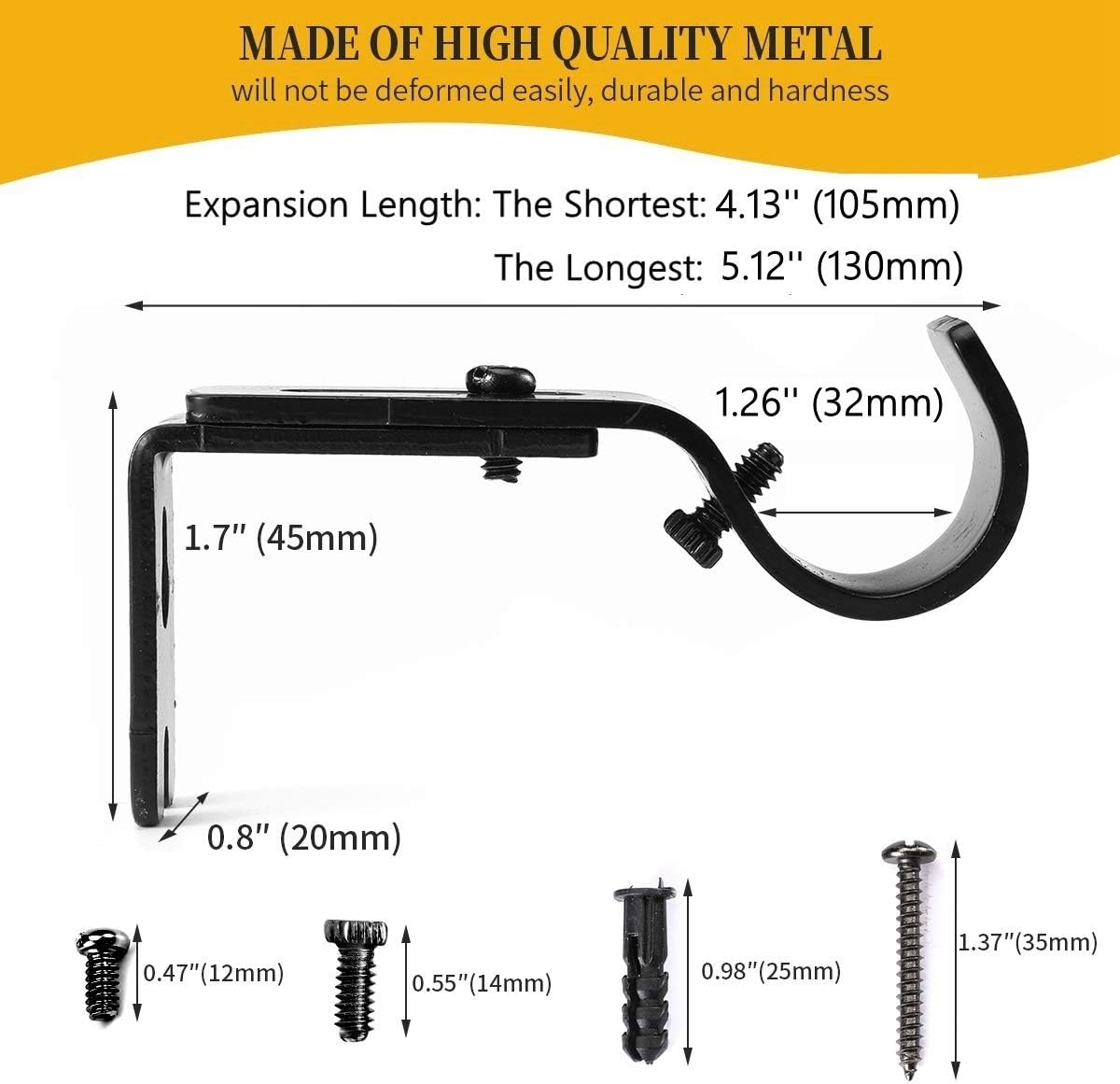 Heavy Duty Adjustable Curtain Rod Brackets and Holders - For 1 1/8 Inch & 1 1/4 Inch Rod, 2 PCS Black - Image 6