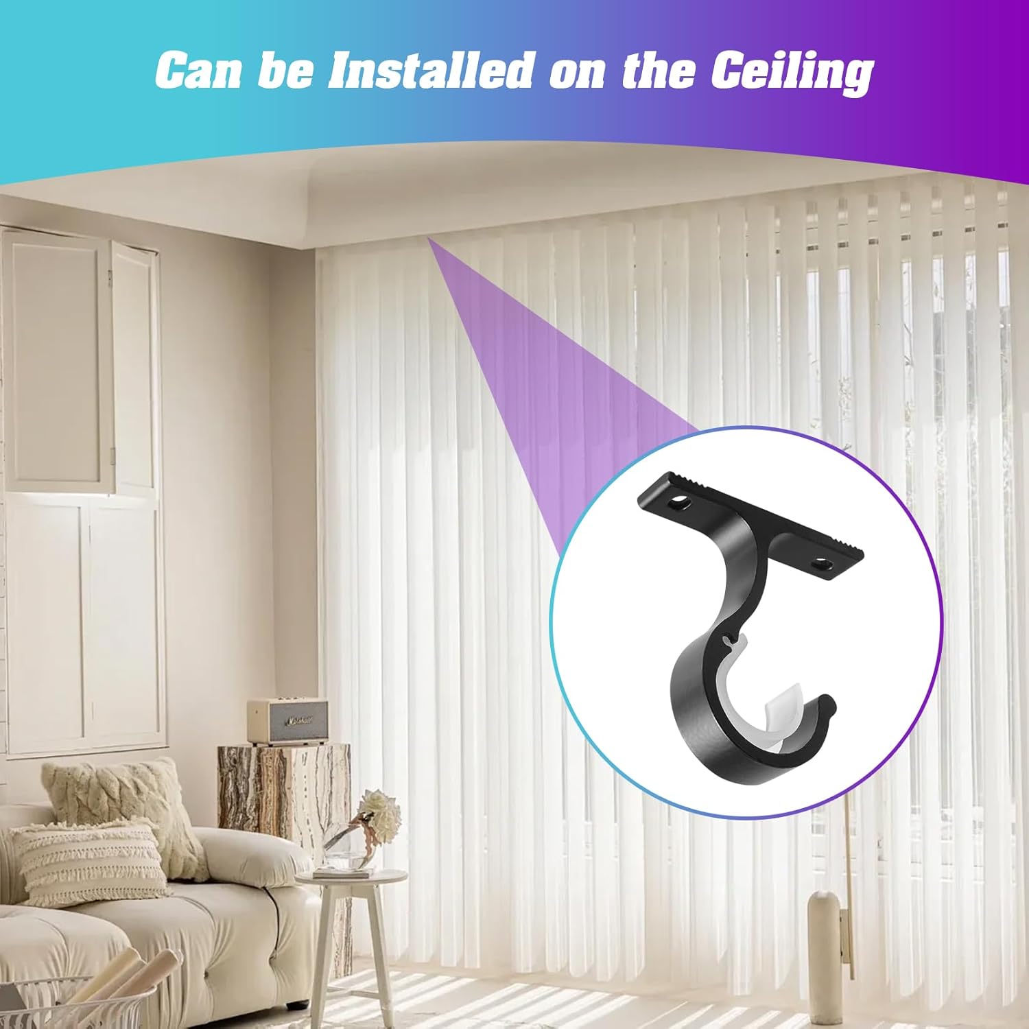 Ceiling Mount & Wall Installation Curtain Rod Brackets Holders for 1 Inch Rod, Black (Set of 2, Black) - Image 2