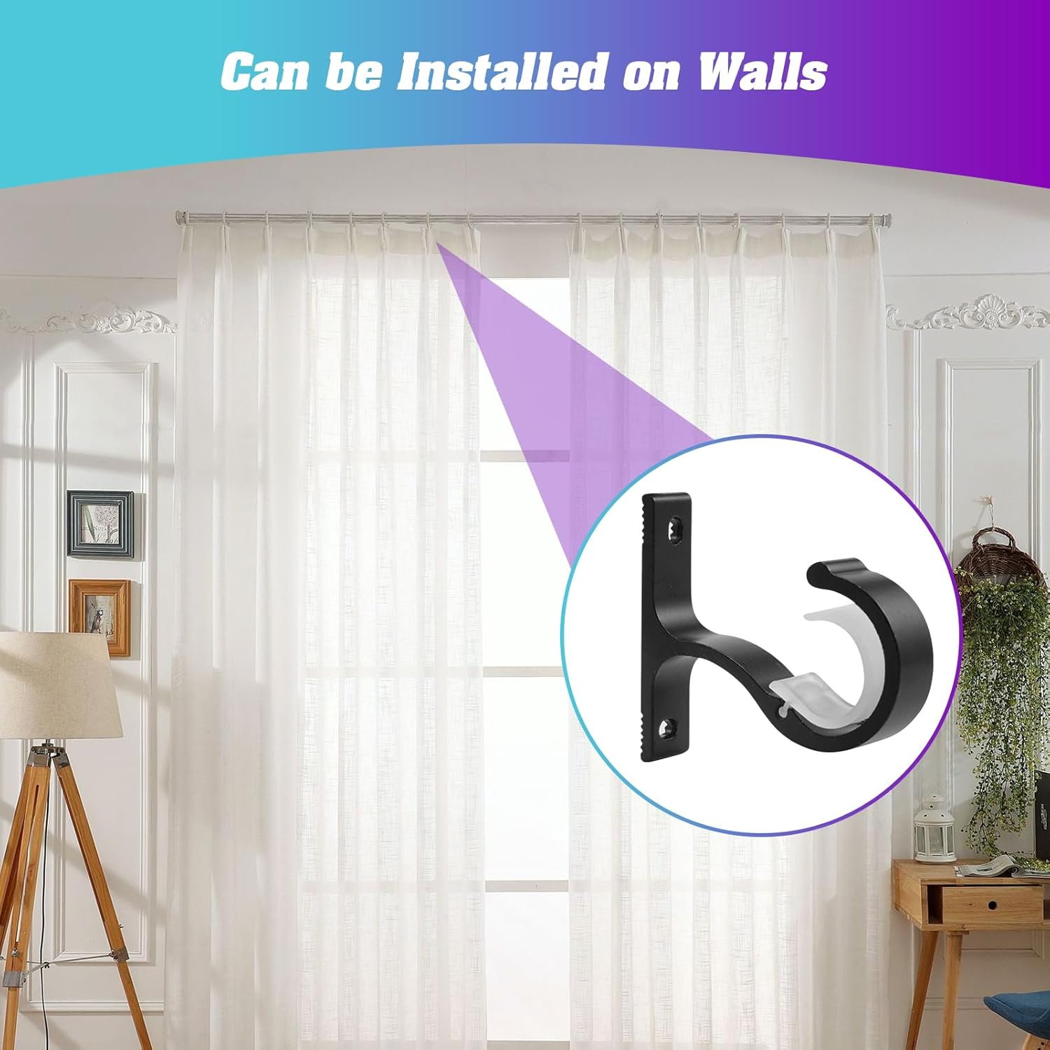 Ceiling Mount & Wall Installation Curtain Rod Brackets Holders for 1 Inch Rod, Black (Set of 2, Black) - Image 3