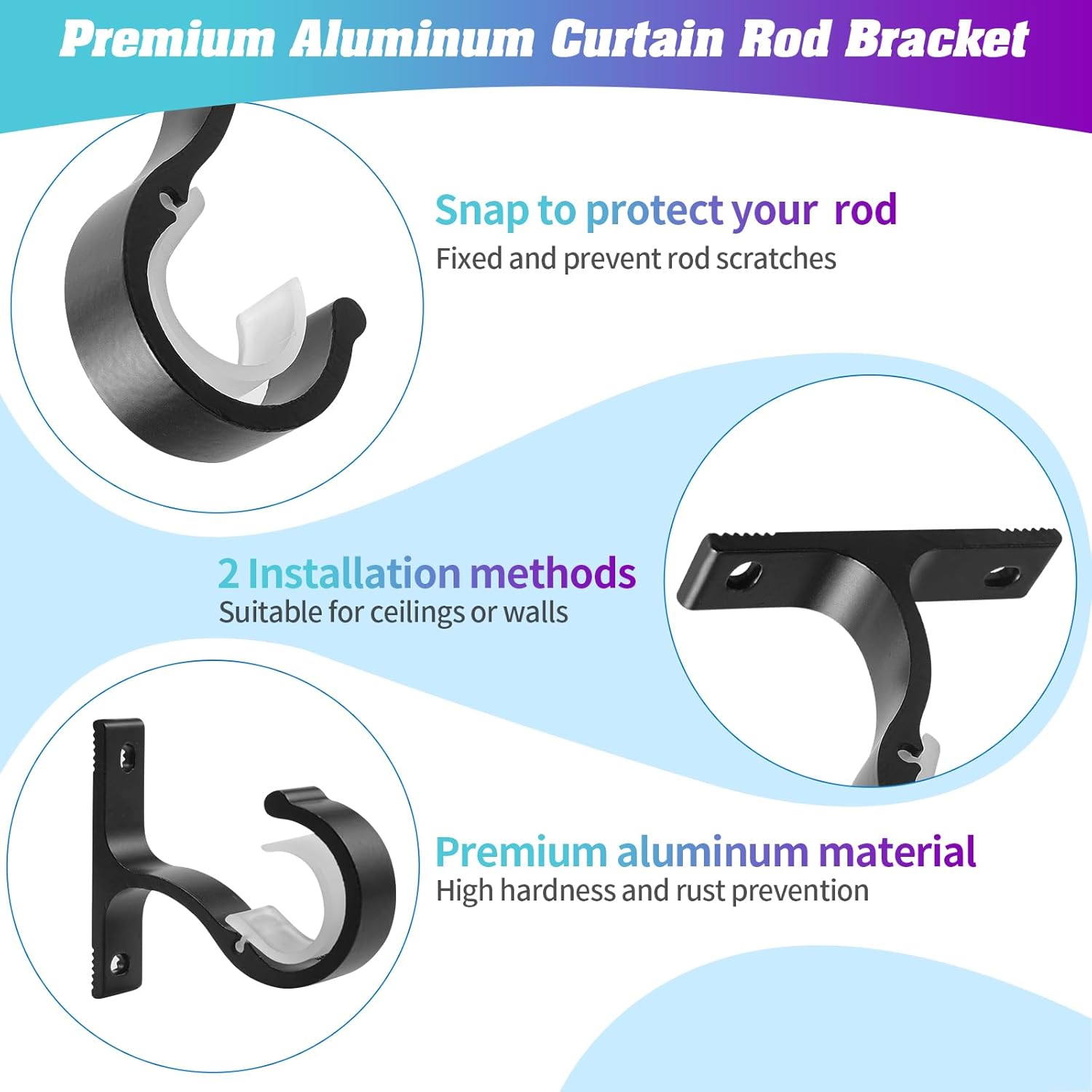Ceiling Mount & Wall Installation Curtain Rod Brackets Holders for 1 Inch Rod, Black (Set of 2, Black) - Image 6