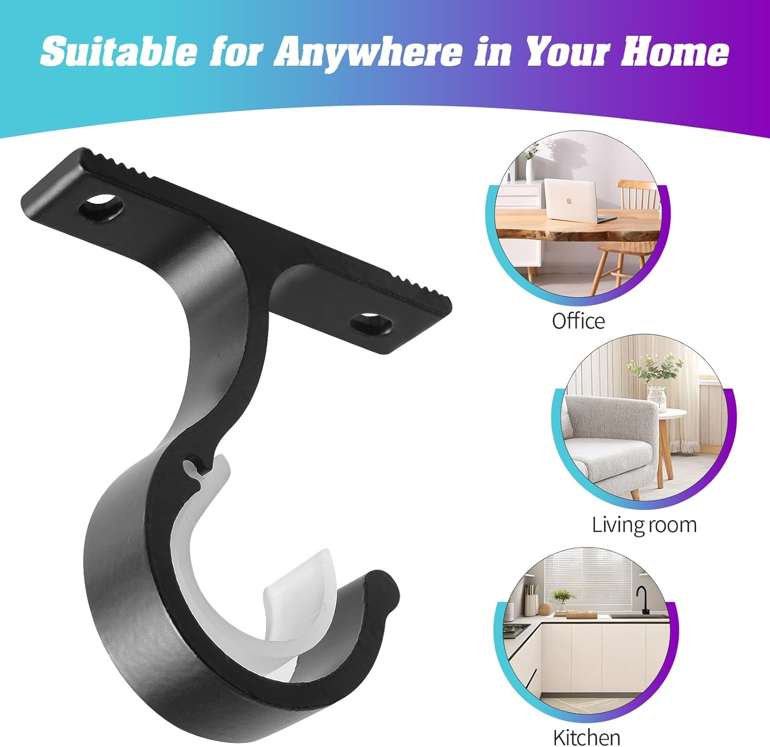 Ceiling Mount & Wall Installation Curtain Rod Brackets Holders for 1 Inch Rod, Black (Set of 2, Black) - Image 7