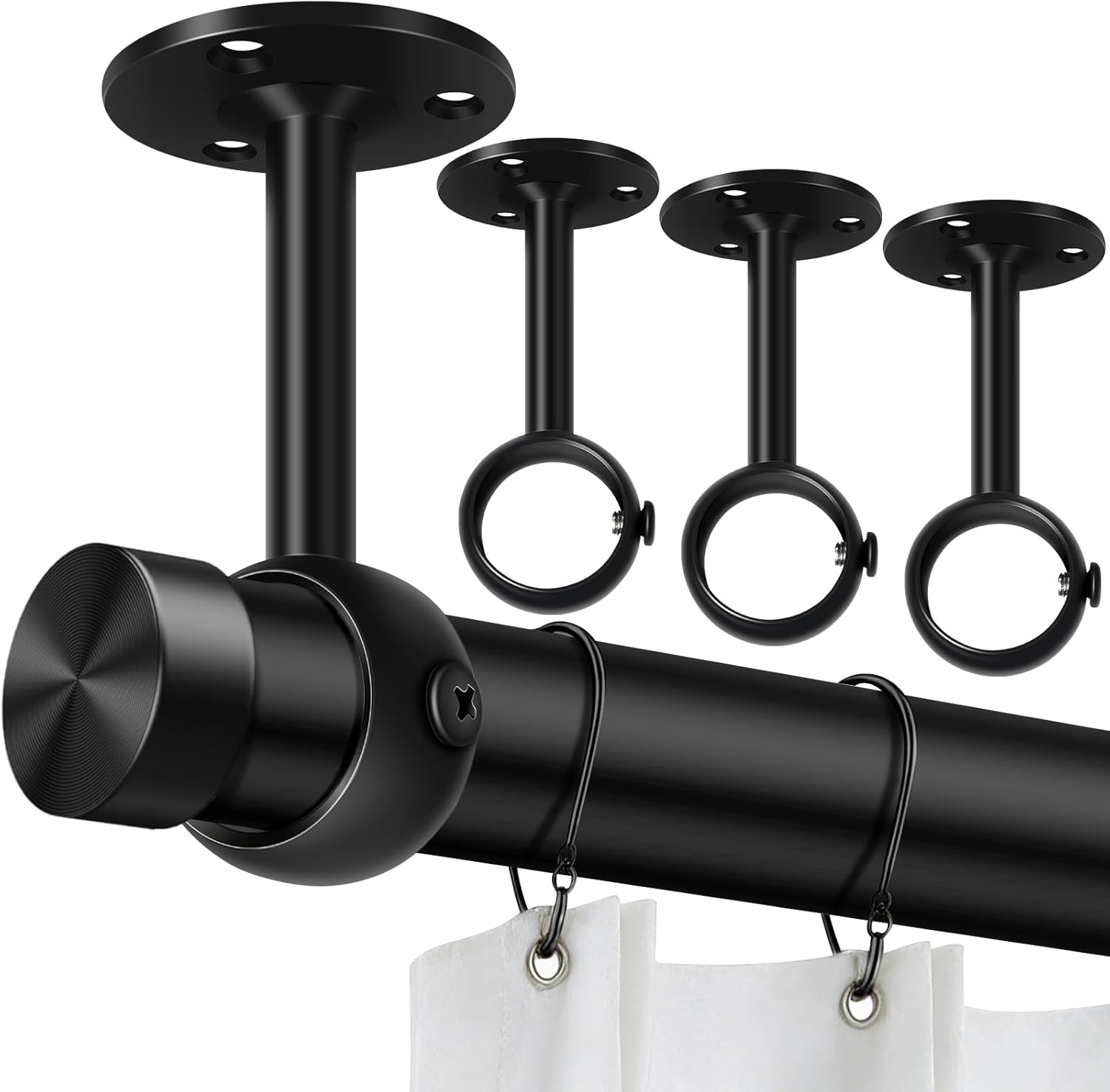 Curtain Rod Brackets, Ceiling Heavy Duty Holders, Black 4 Pack Hooks Hangers for 1 1/4-Inch Drape Poles - Image 1