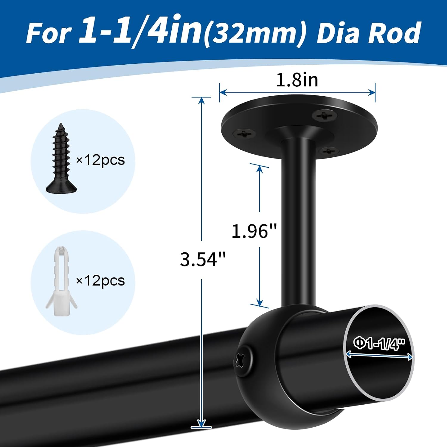 Curtain Rod Brackets, Ceiling Heavy Duty Holders, Black 4 Pack Hooks Hangers for 1 1/4-Inch Drape Poles - Image 2