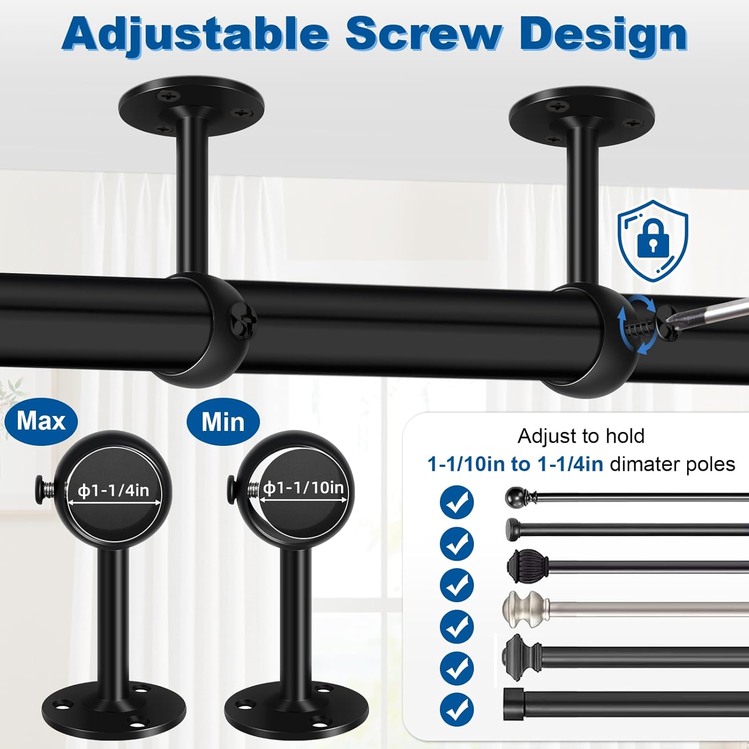Curtain Rod Brackets, Ceiling Heavy Duty Holders, Black 4 Pack Hooks Hangers for 1 1/4-Inch Drape Poles - Image 3