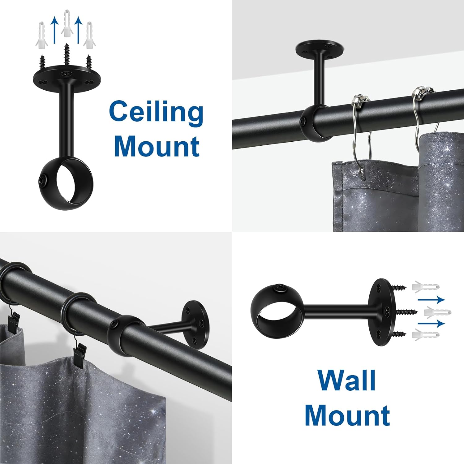 Curtain Rod Brackets, Ceiling Heavy Duty Holders, Black 4 Pack Hooks Hangers for 1 1/4-Inch Drape Poles - Image 4