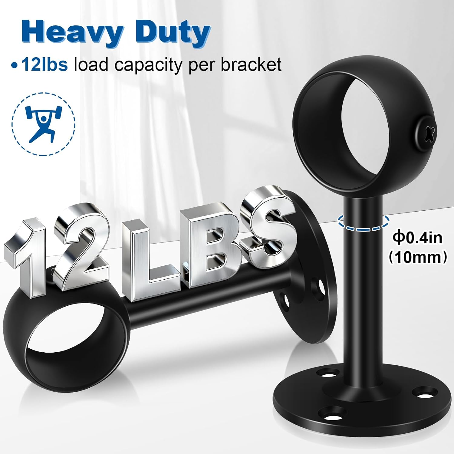 Curtain Rod Brackets, Ceiling Heavy Duty Holders, Black 4 Pack Hooks Hangers for 1 1/4-Inch Drape Poles - Image 5