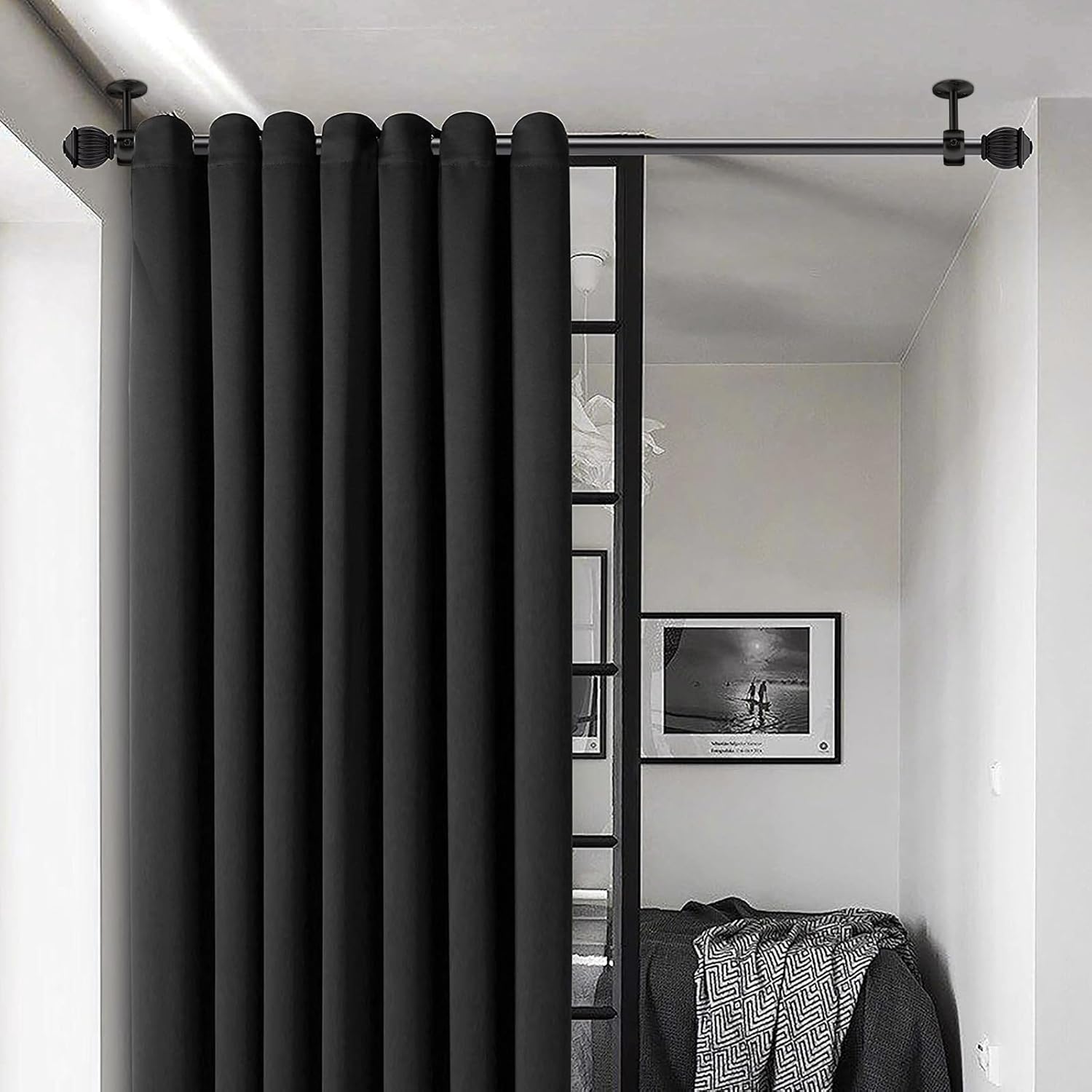 Curtain Rod Brackets, Ceiling Heavy Duty Holders, Black 4 Pack Hooks Hangers for 1 1/4-Inch Drape Poles - Image 8