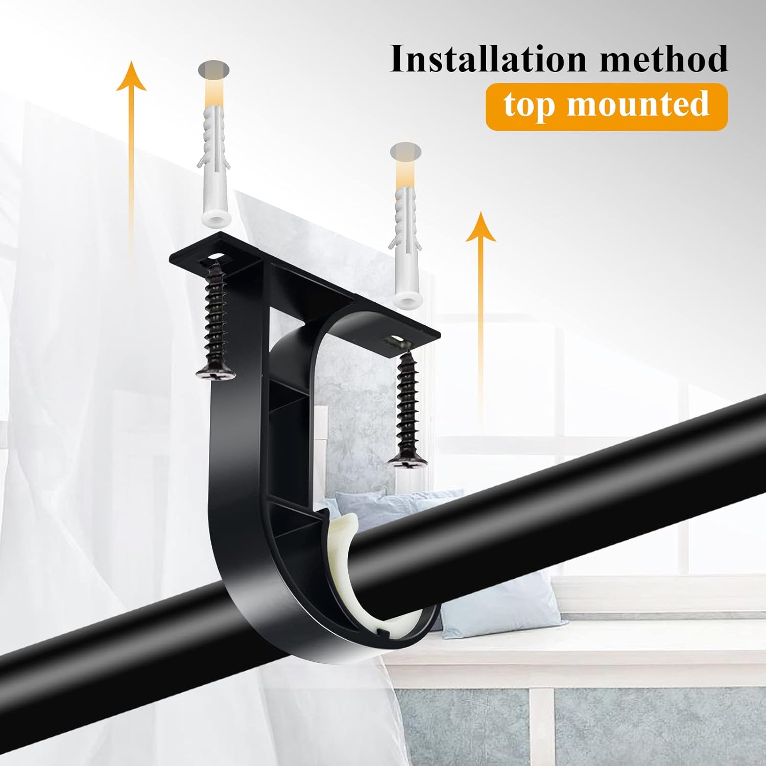 Ceiling Curtain Rod Bracket, 4 Pack Heavy Duty Curtain Rod Holders, Aluminum Alloy, Black Ceiling Curtain Hooks Hangers Fit for 1 Inch Drapery Rods - Image 6
