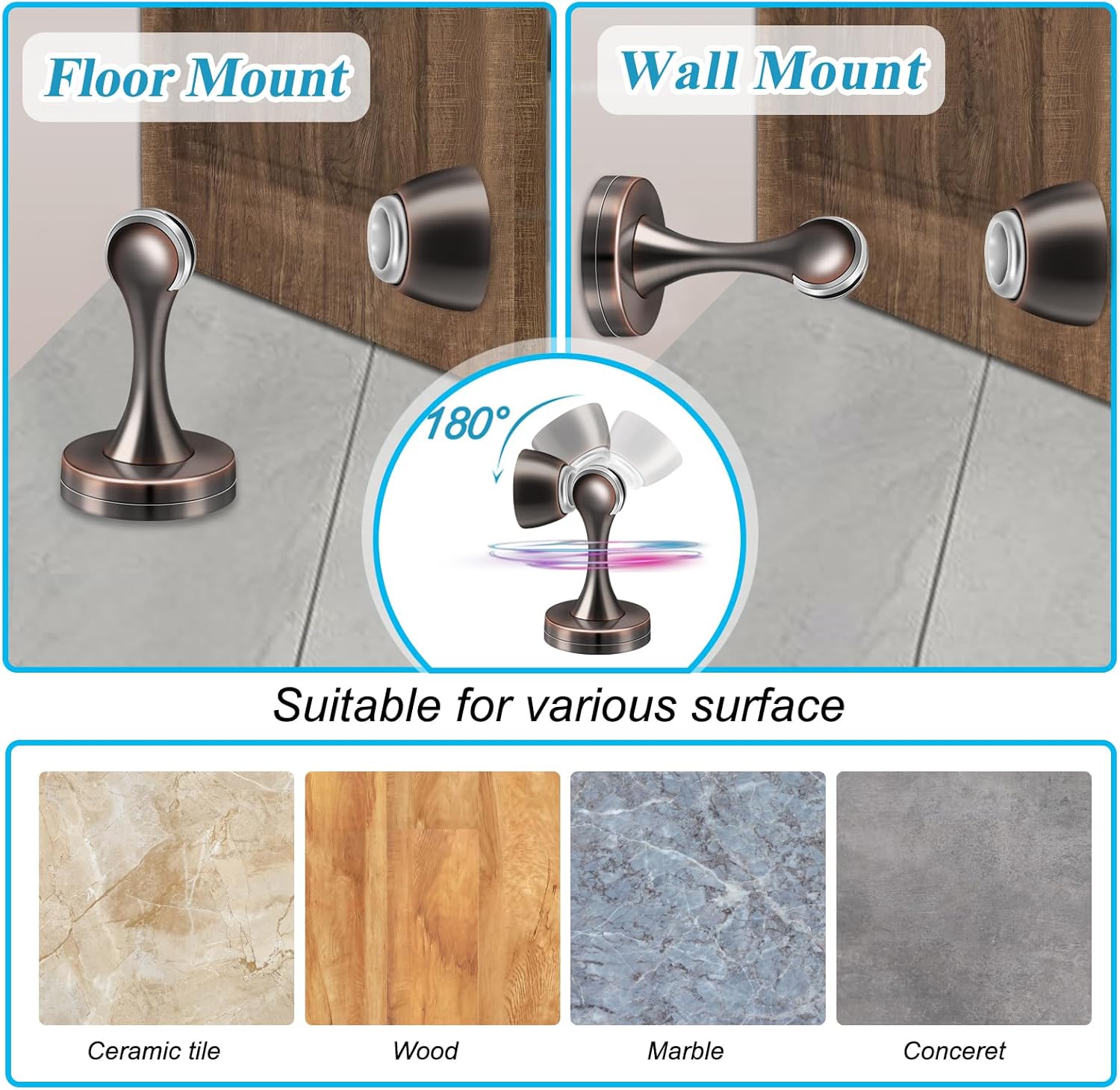 Magnetic Door Stoppers, Wall Floor Mount Door Stop, Oil Rubbed Bronze Heavy Duty Catch Holder, Stainless Steel, Doorstops for Bottom of Door, 2 Pack - Image 6