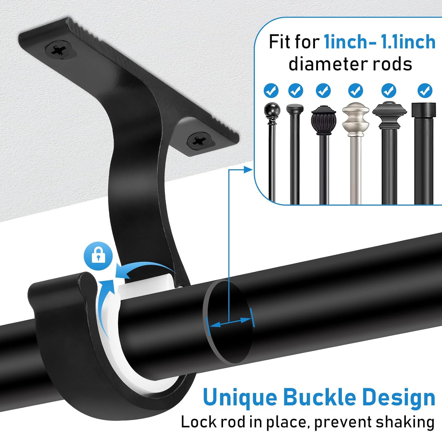 Ceiling Curtain Rod Bracket, 1 Inch Heavy Duty Curtain Rod Holders Brackets, 4 Pack Black Ceiling Hooks Hangers for Drapery Closet Pole - Image 3