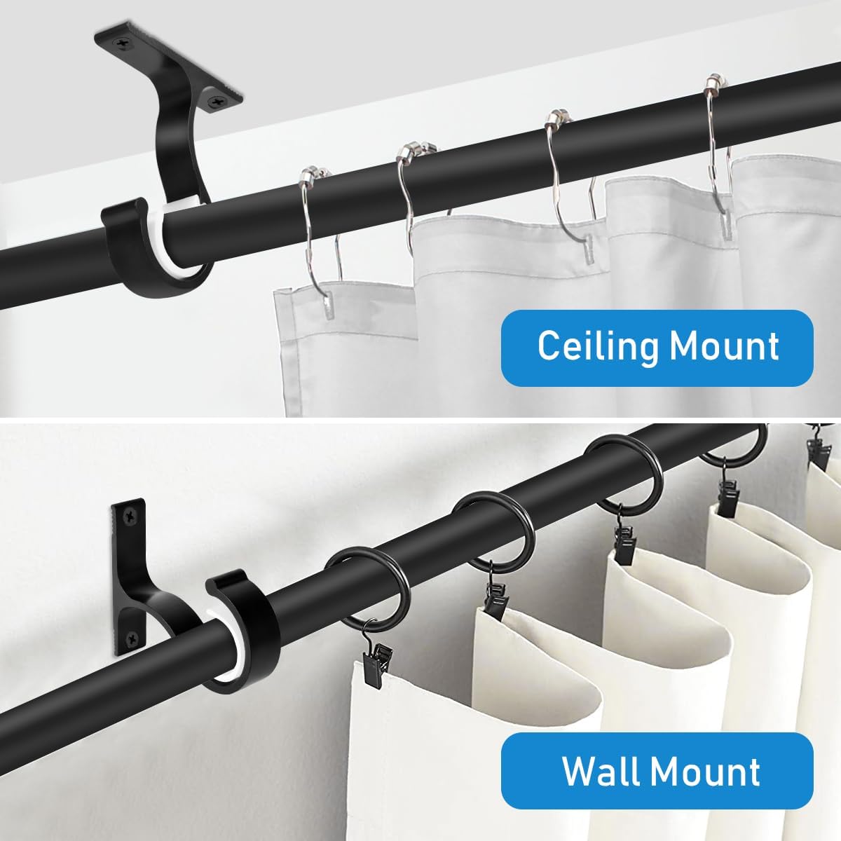 Ceiling Curtain Rod Bracket, 1 Inch Heavy Duty Curtain Rod Holders Brackets, 4 Pack Black Ceiling Hooks Hangers for Drapery Closet Pole - Image 4