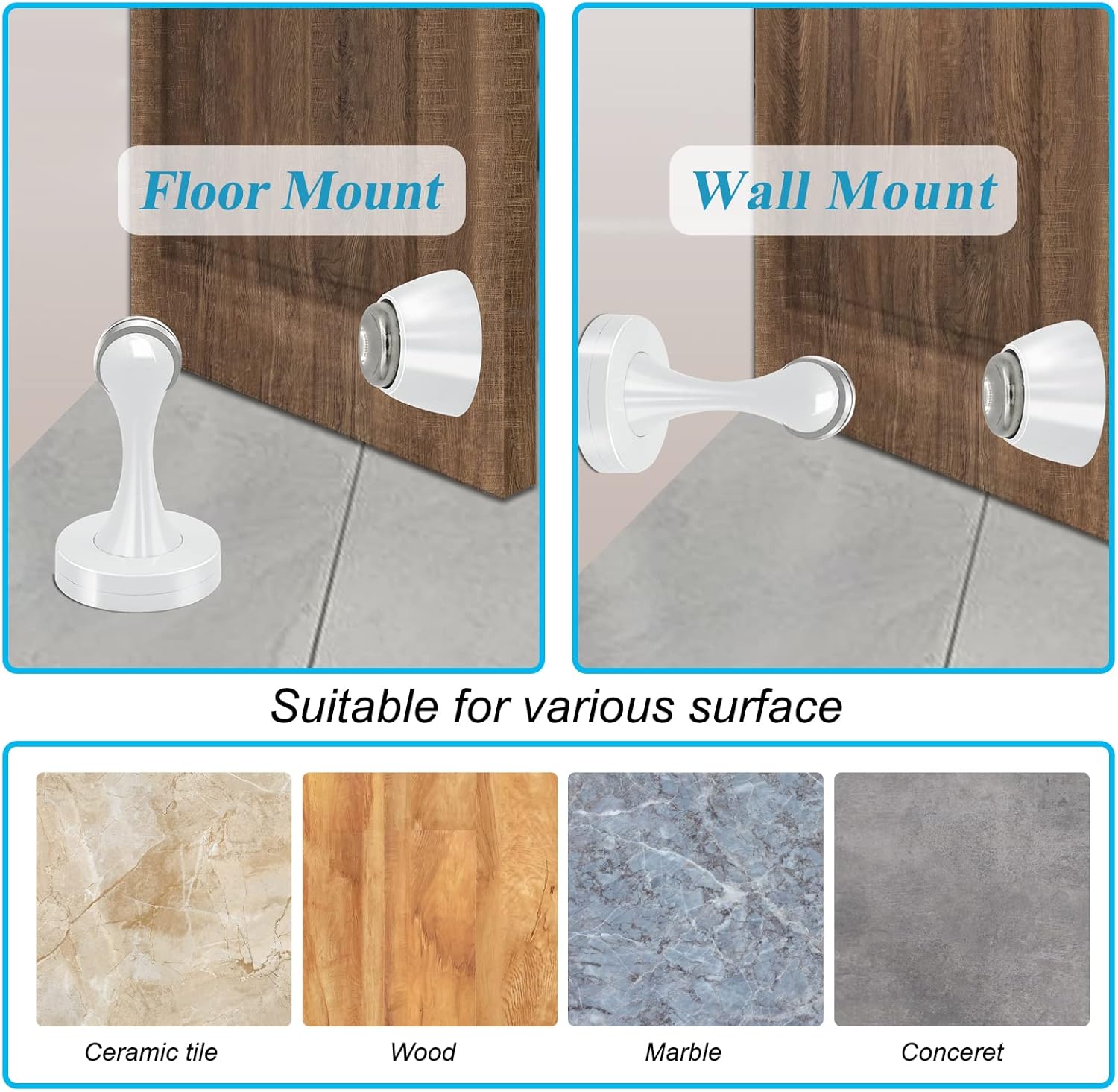 Door Stopper, Magnetic Door Stop White Wall Floor Mount Magnetic Door Stoppers Stainless Steel Magnetic Door Holder Catch Heavy Duty Modern Door Stops for Bottom of Door, 2 Pack - Image 5