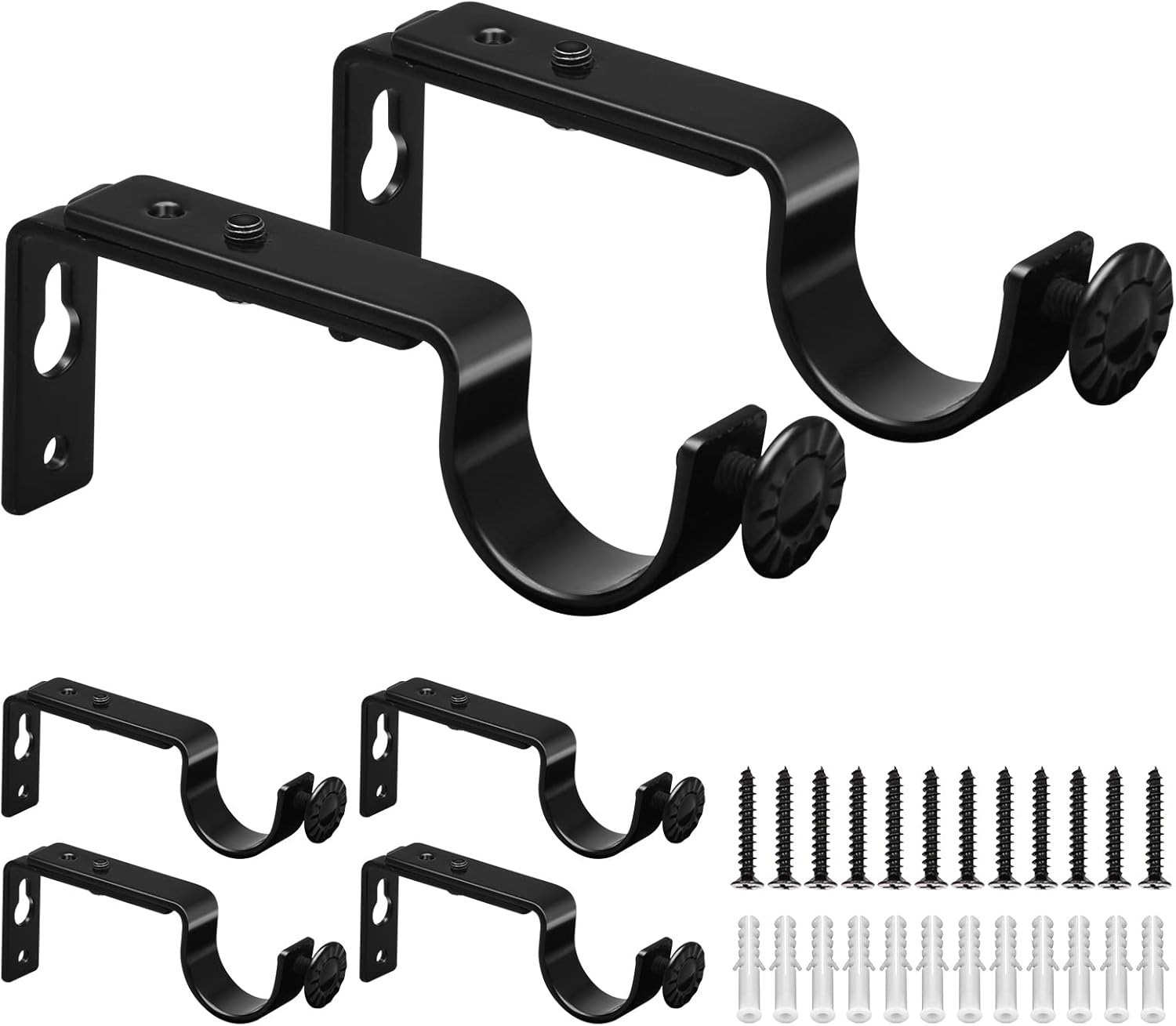 Adjustable Curtain Rod Bracket - 1 Inch Black Heavy Duty Hooks 6 Pack Hardware Extender Drapery Pole Holder for Wall - Image 1